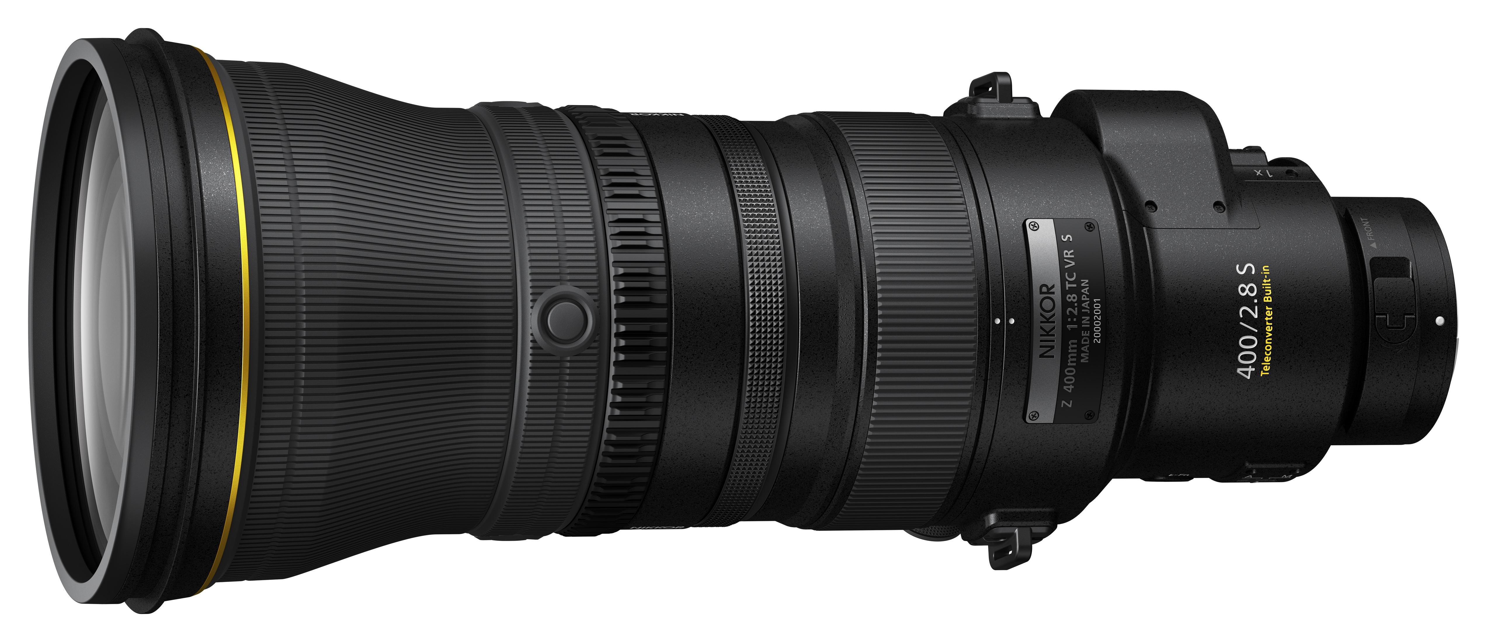 Schwarzes Kameraobjektiv, Marke Nikon, mit Z 400 mm 1:2,8 TC VR S-Kennzeichnung.