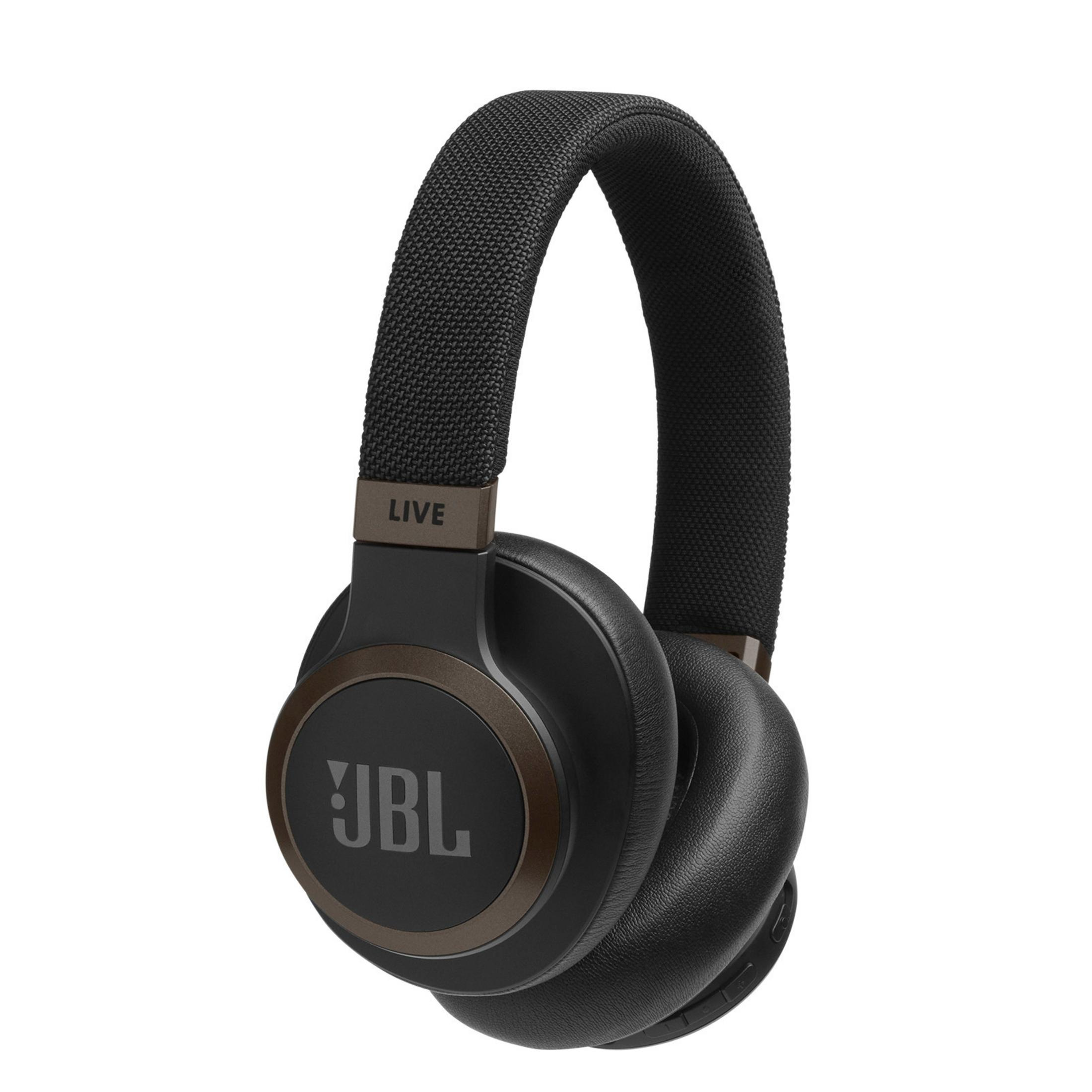 Schwarze und bronzefarbene JBL-Kopfhörer auf weißem Hintergrund.
