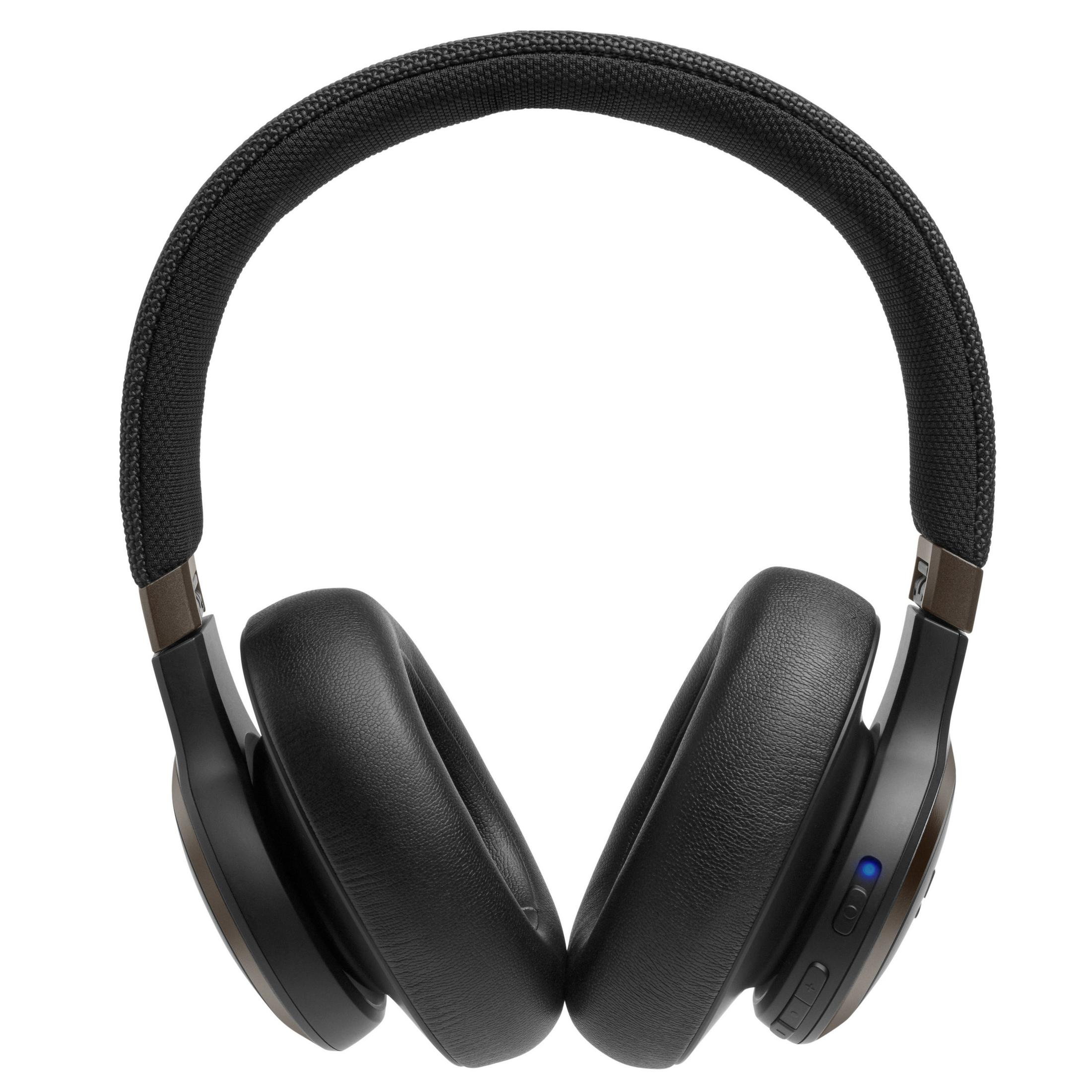 Schwarze JBL Kopfhörer mit braunen Akzenten. Blaues Licht am rechten Ohr.