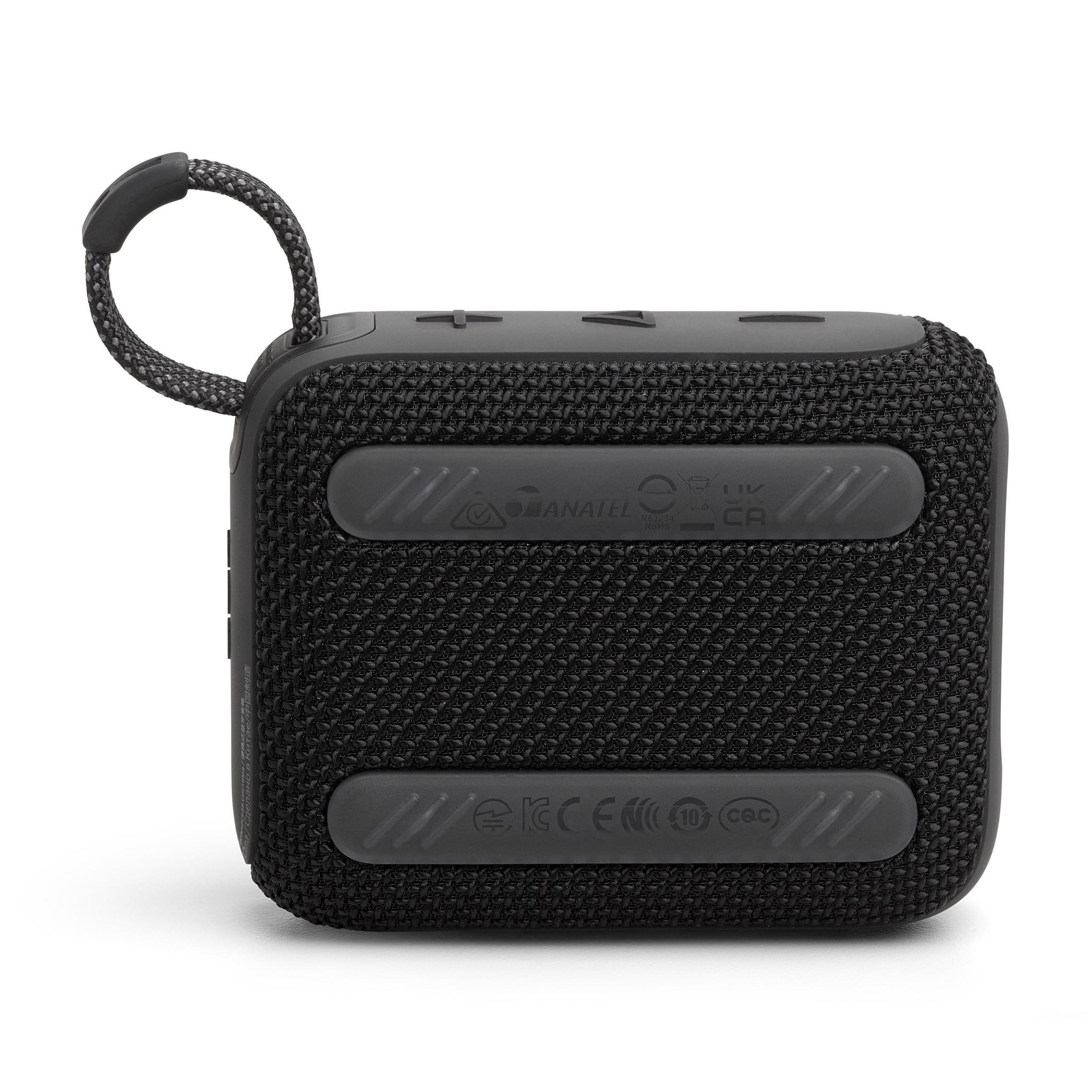 Altavoz portátil negro y rectangular con correa de transporte y varios botones de control.