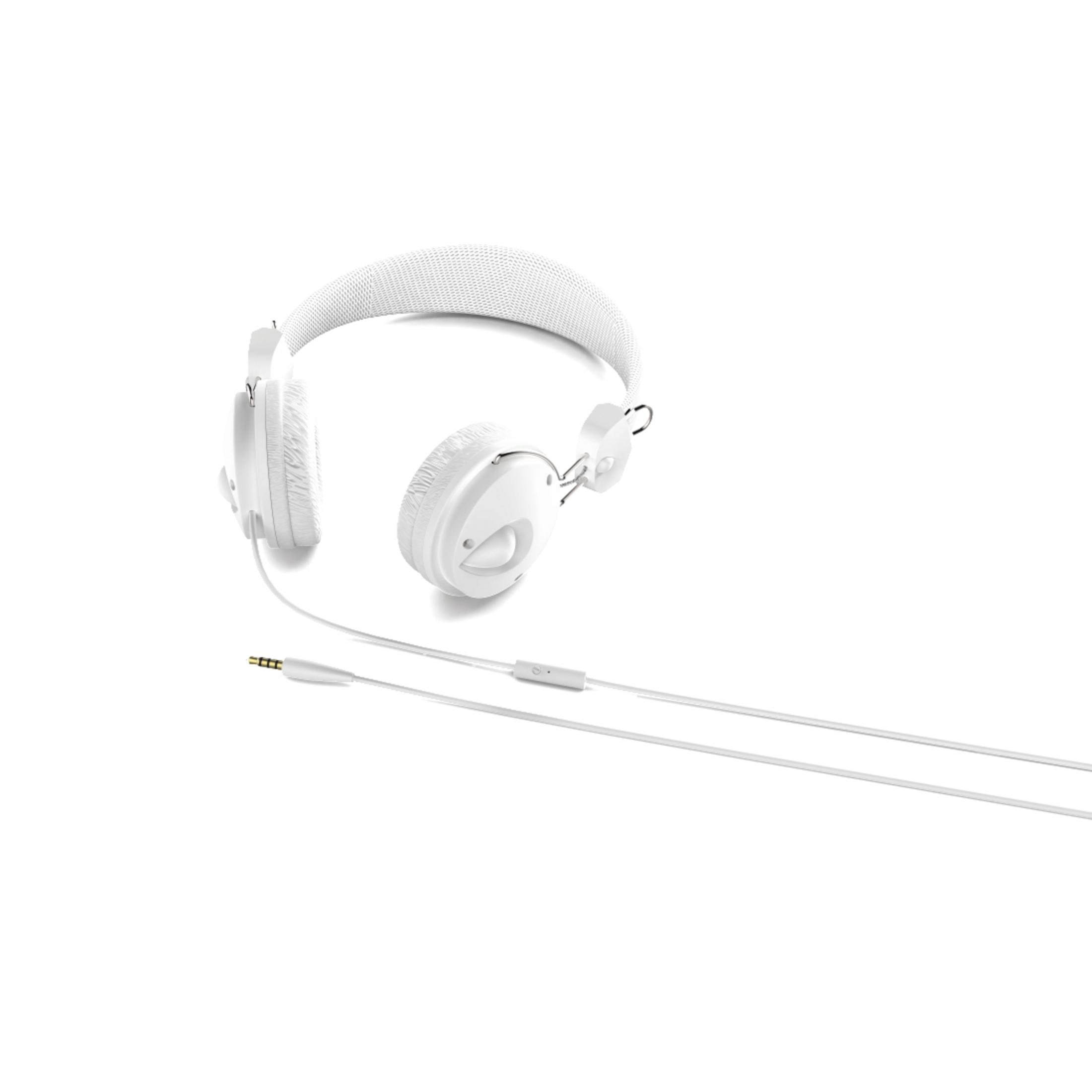 Weiße Kopfhörer mit weißem Kabel, isoliert auf weißem Hintergrund.