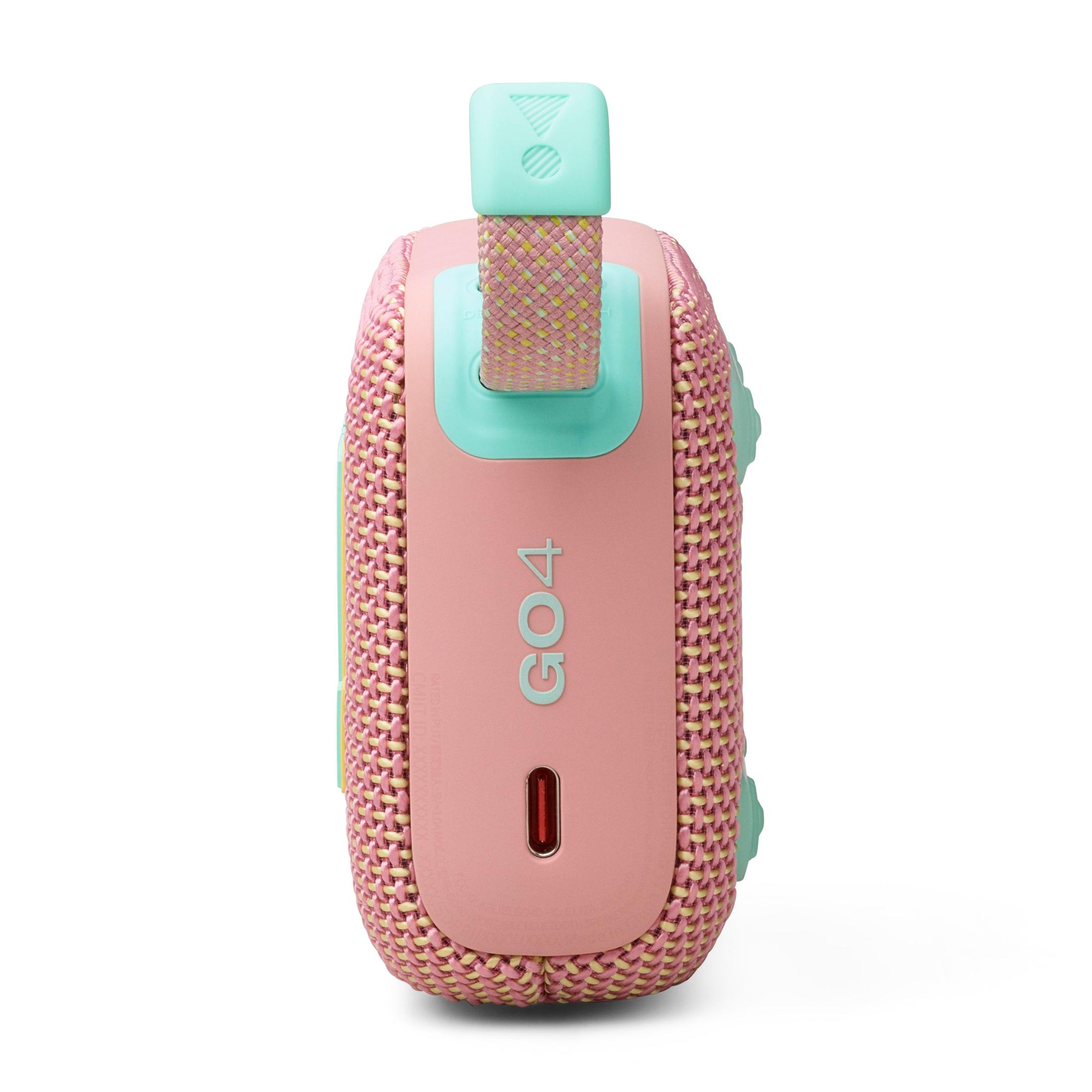 Pink and teal JBL Go 4 speaker, seen from the side. Has a carrying strap on top.
