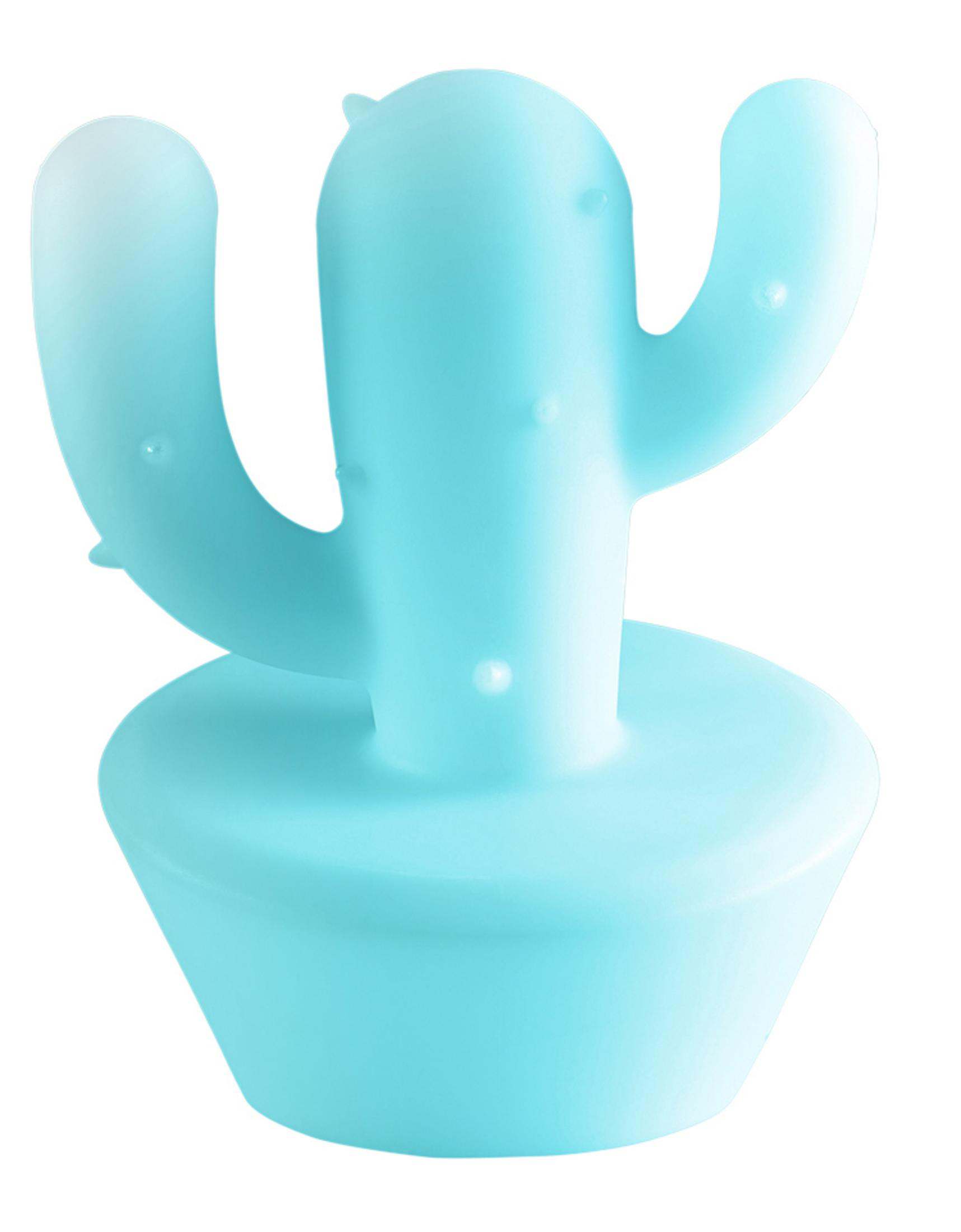 Jasnoniebieska lampa w kształcie kaktusa na białym tle.