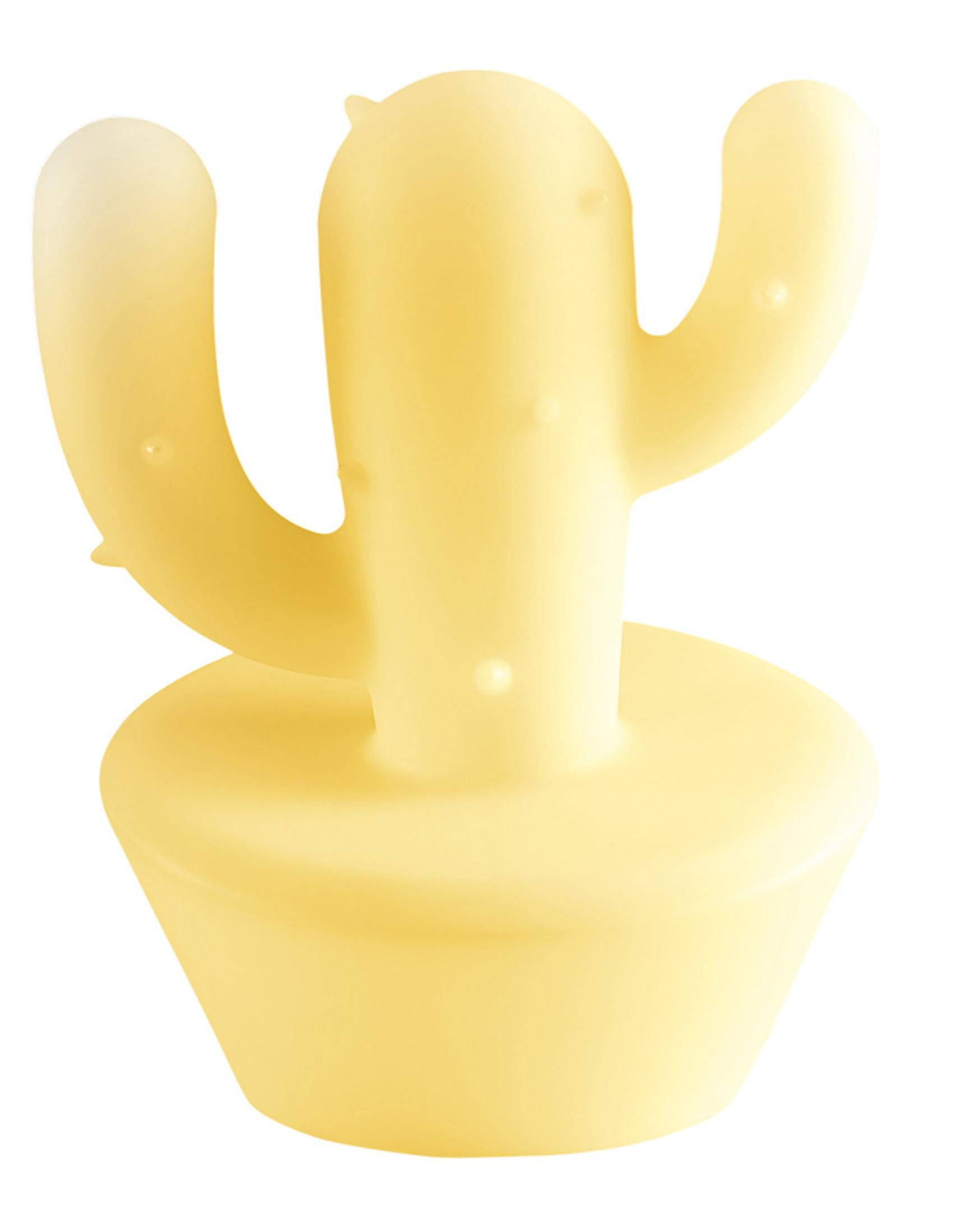 Żółta lampa w kształcie kaktusa na białym tle. Kaktus ma trzy ramiona.