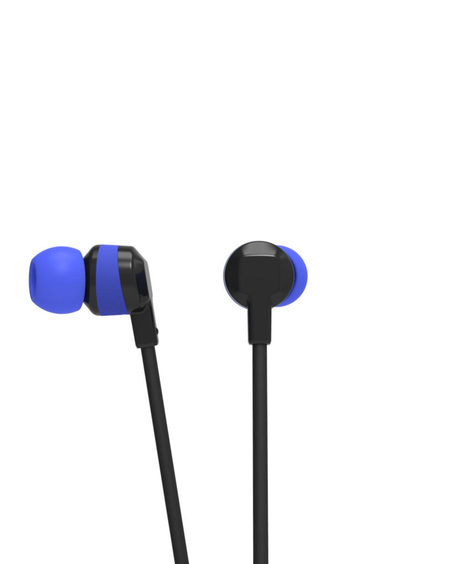 Auriculares, azul y negro, aislados sobre fondo blanco.