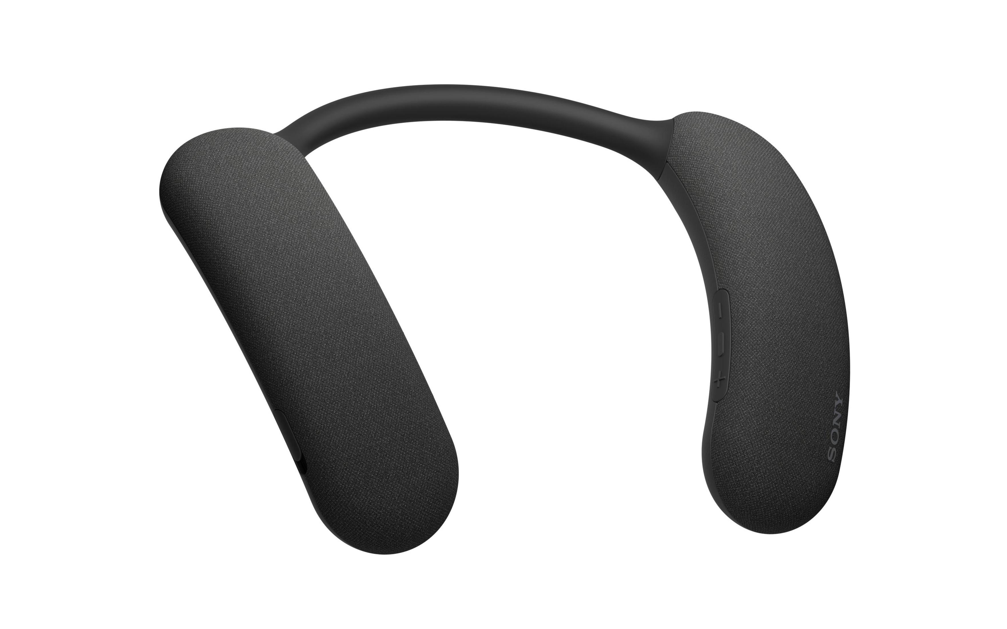 Schwarzer Nackenbügel-Lautsprecher auf Weiß, isolierte Aufnahme.