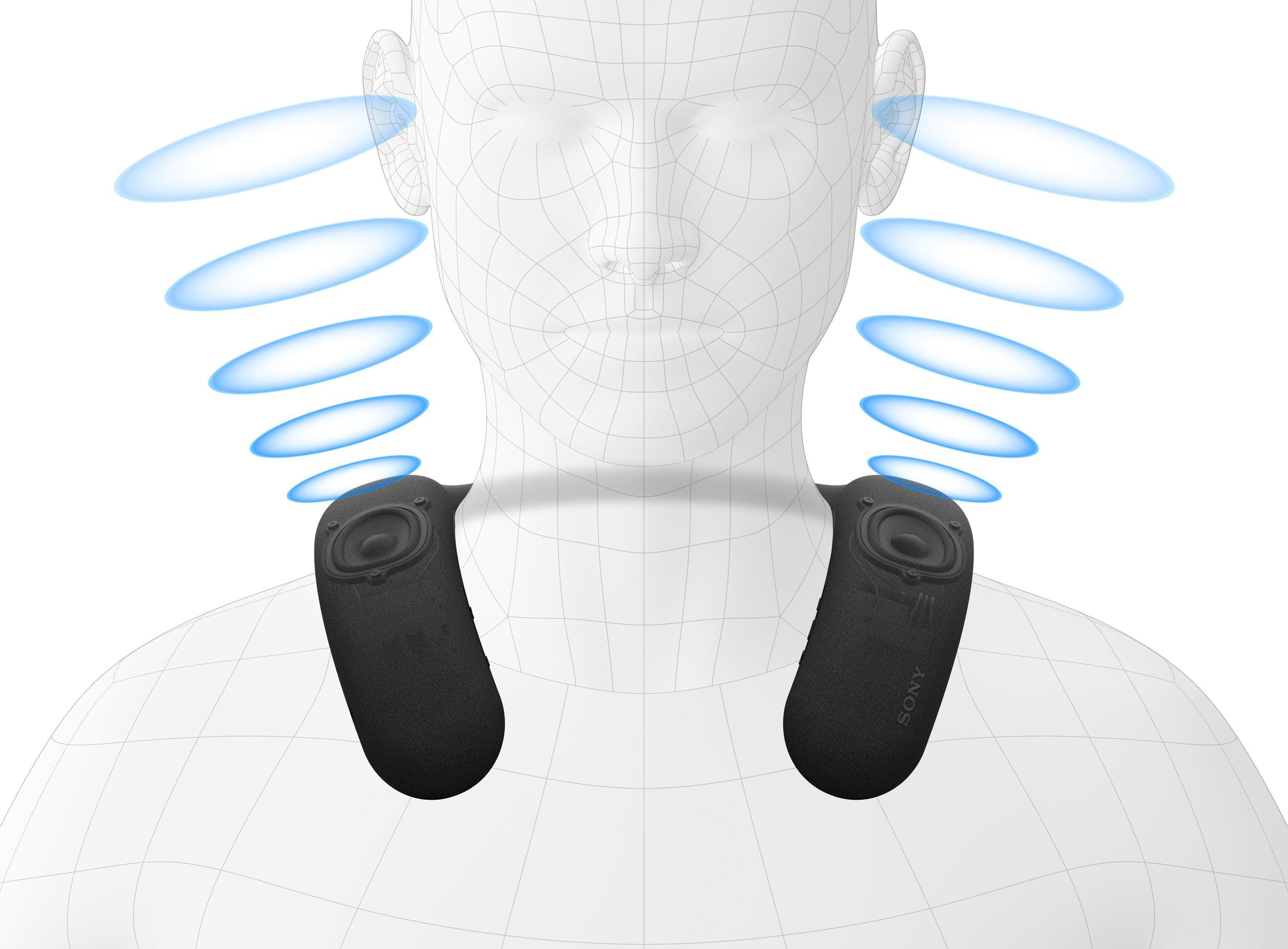 Ein Nackenlautsprecher mit schwarzen Lautsprechern und einem weißen Drahtmodell eines Menschen.