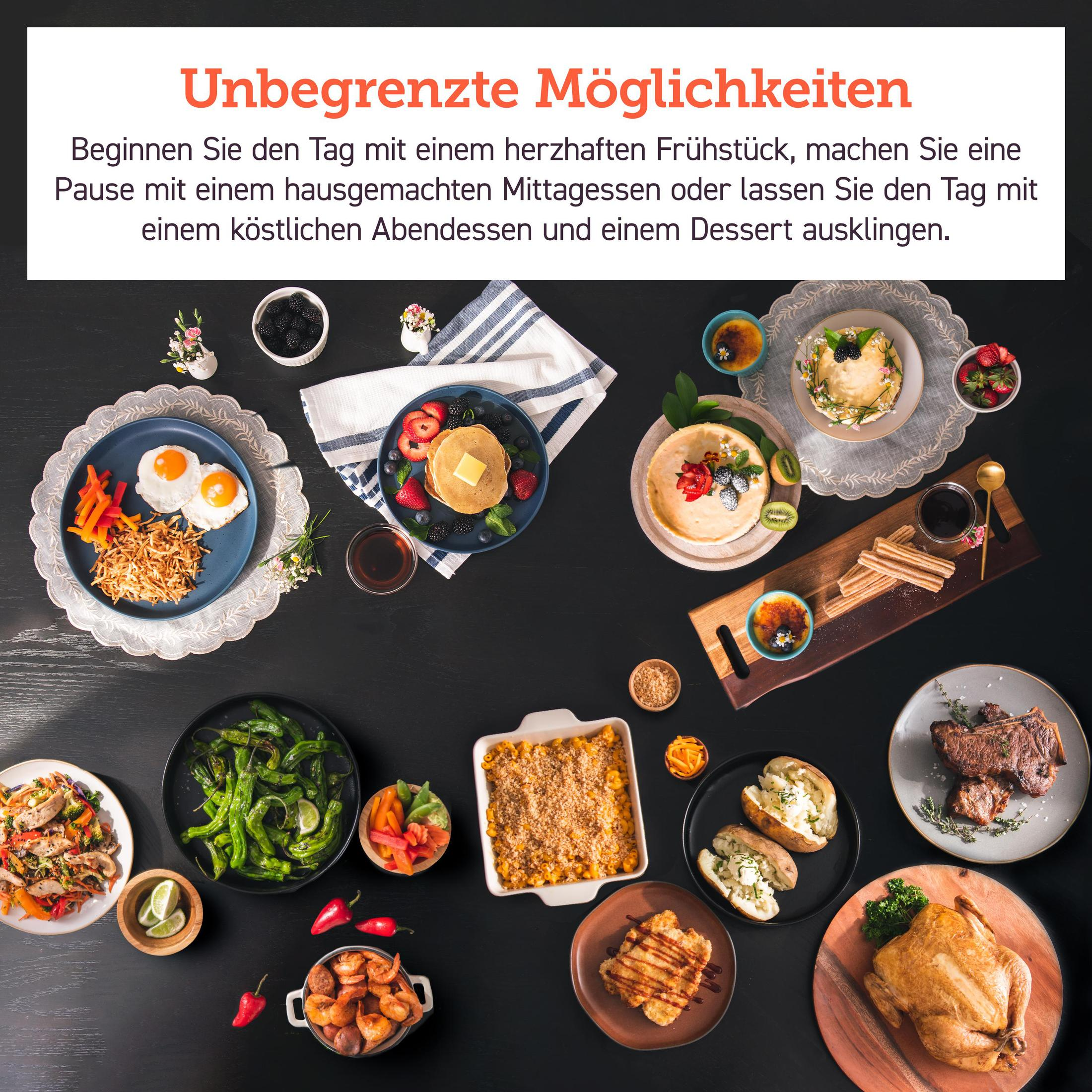 Eine Vielzahl von Gerichten auf einer schwarzen Oberfläche, darunter Eier, Pfannkuchen und Desserts.
