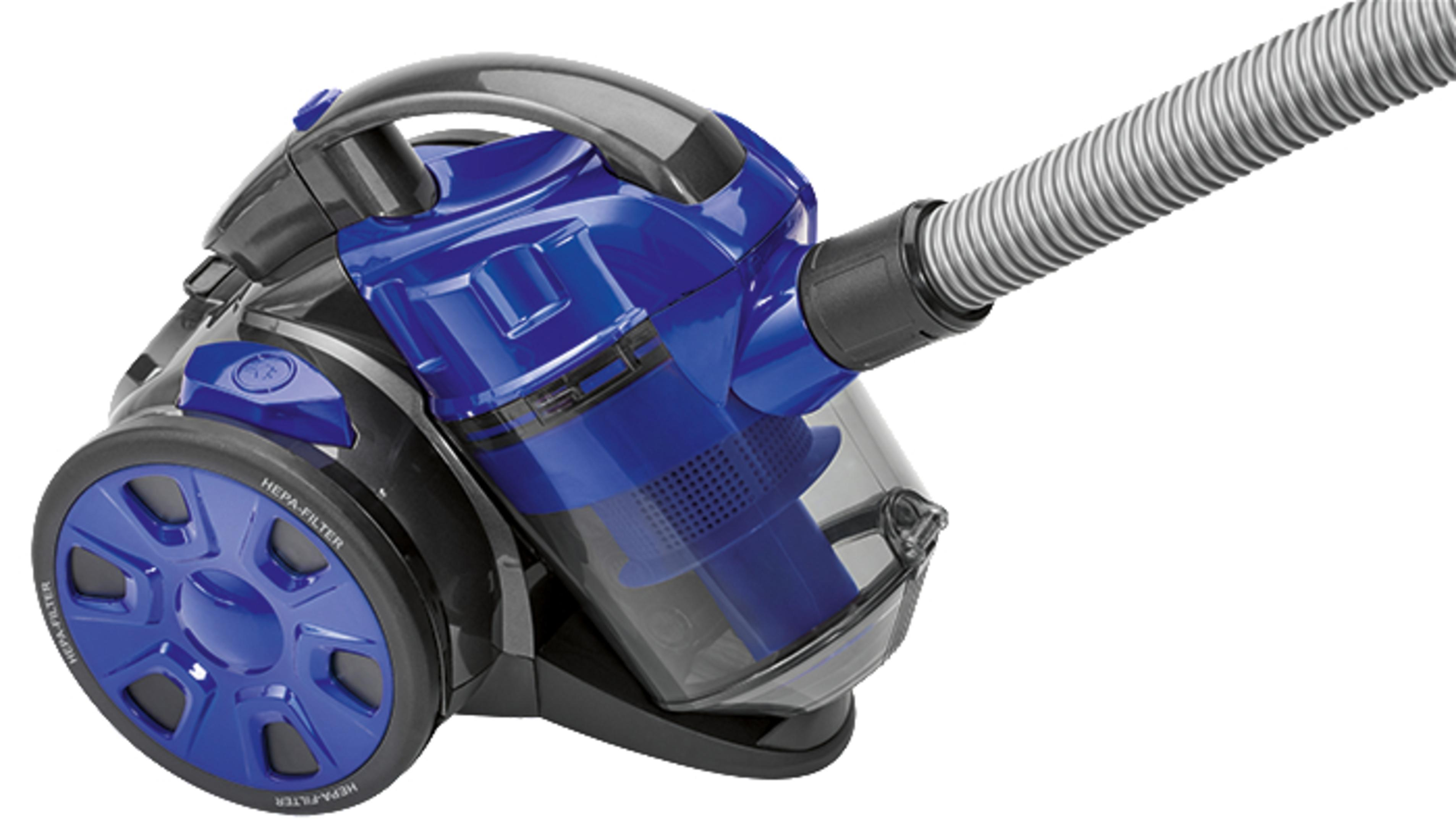Niebiesko-czarny odkurzacz z etykietą filtra HEPA, przymocowanym wężem i przezroczystym pojemnikiem.
