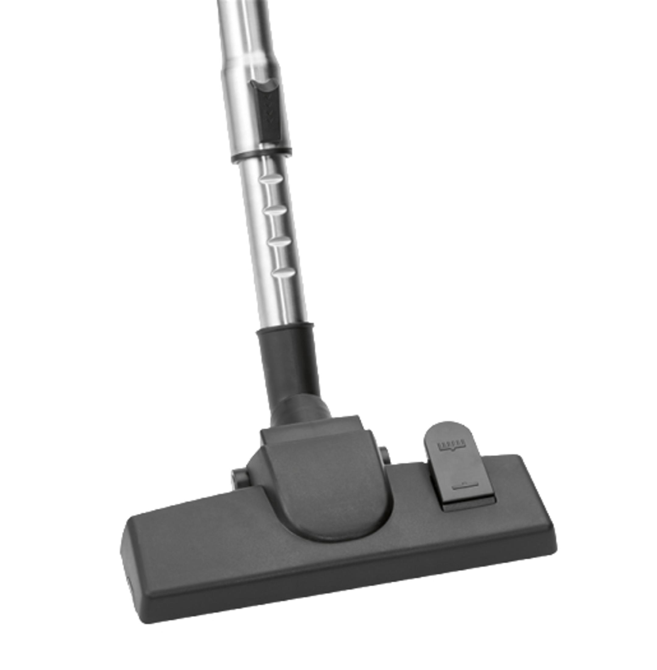 Zestaw dyszy i rury odkurzacza, czarny i srebrny, na białym tle.