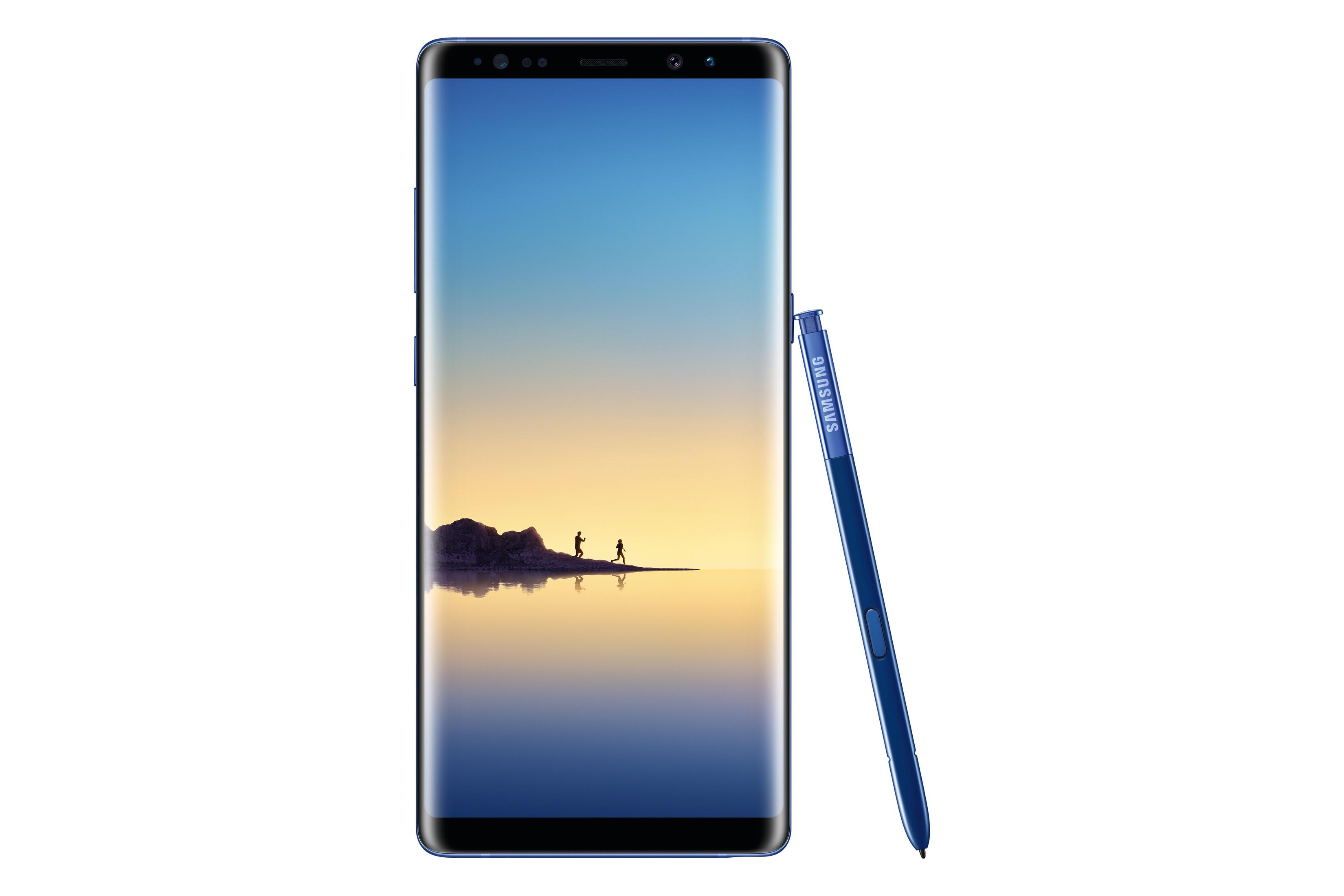 Teléfono azul con lápiz óptico. La pantalla muestra un paisaje con montañas y agua.
