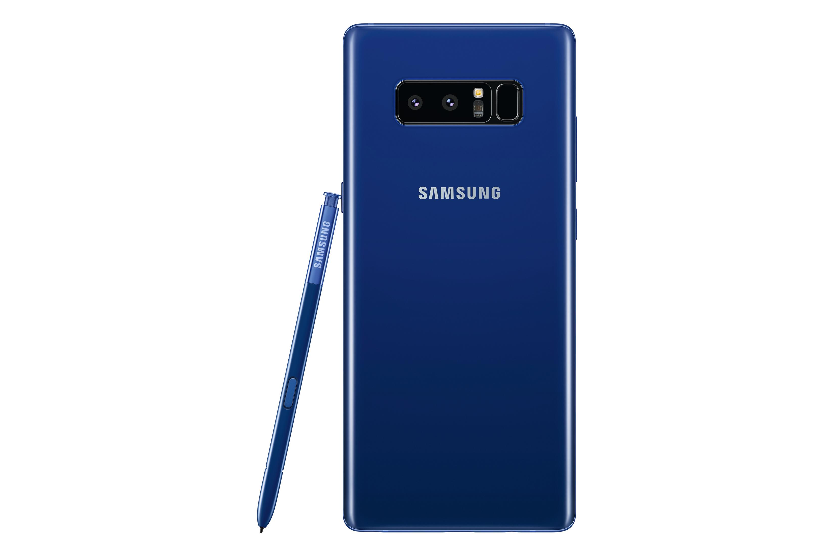 Un teléfono inteligente azul con un lápiz. La parte trasera muestra la cámara y 'SAMSUNG'.