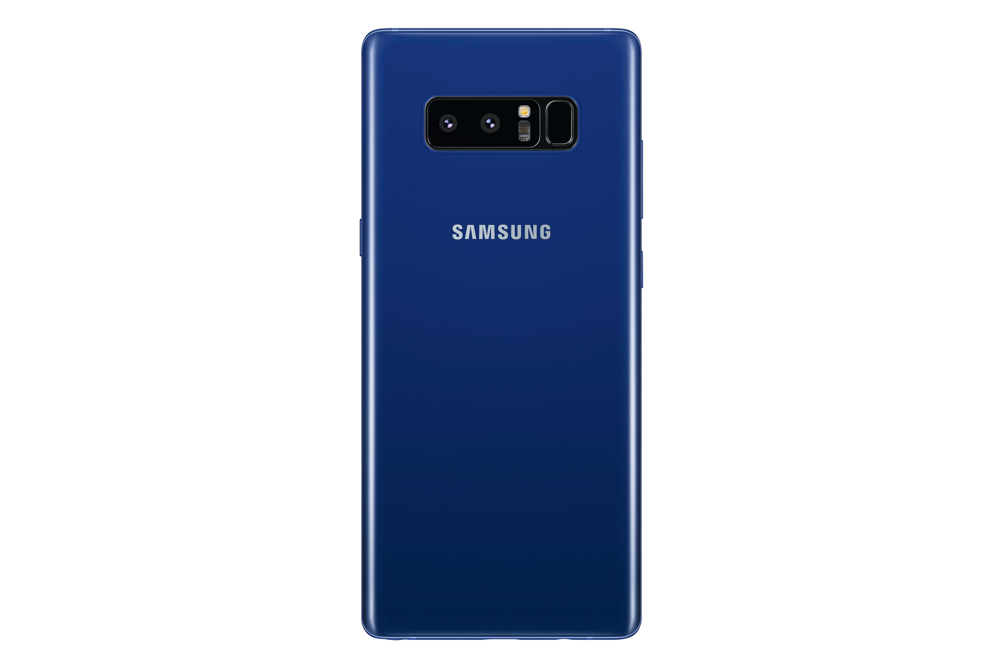 Teléfono Samsung azul con doble cámara y la palabra SAMSUNG en la parte trasera.
