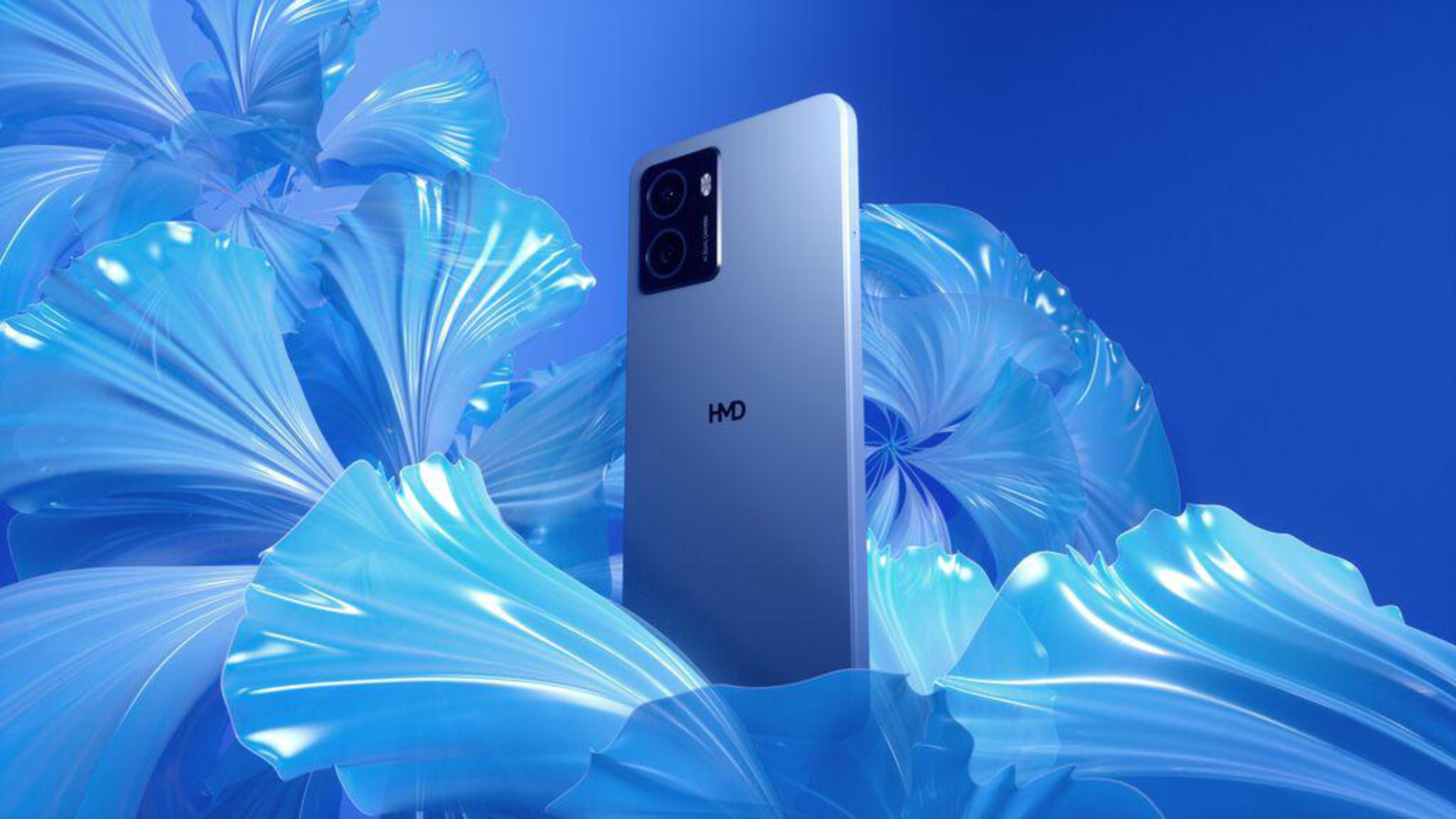 Blaues Smartphone mit Dual-Kameras, HMD-Logo. Umgeben von blauen, abstrakten Formen.