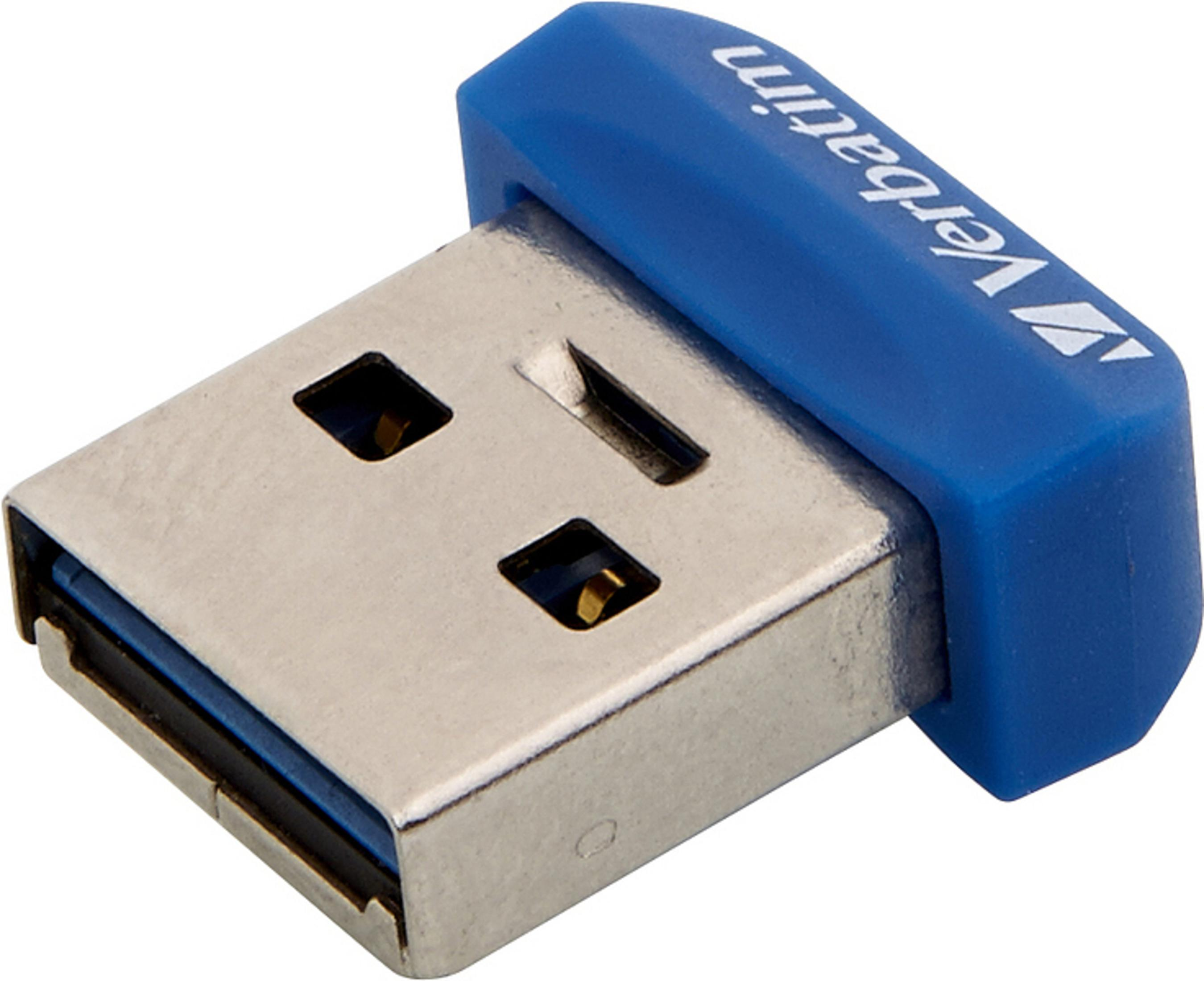 Niebiesko-srebrny pendrive USB. Niebieska część ma logo Verbatim.