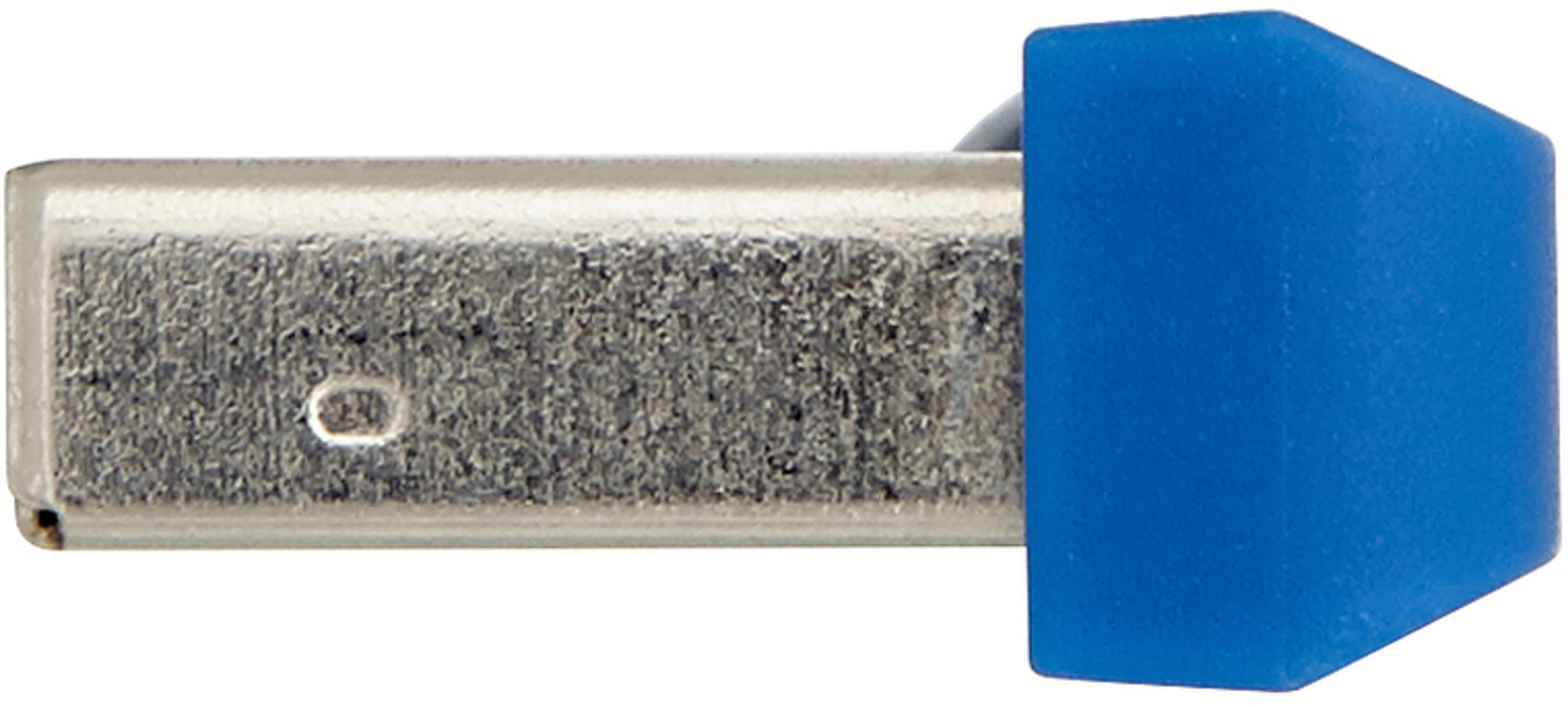 Niebiesko-srebrny pendrive. Niebieski koniec jest prostokątny.