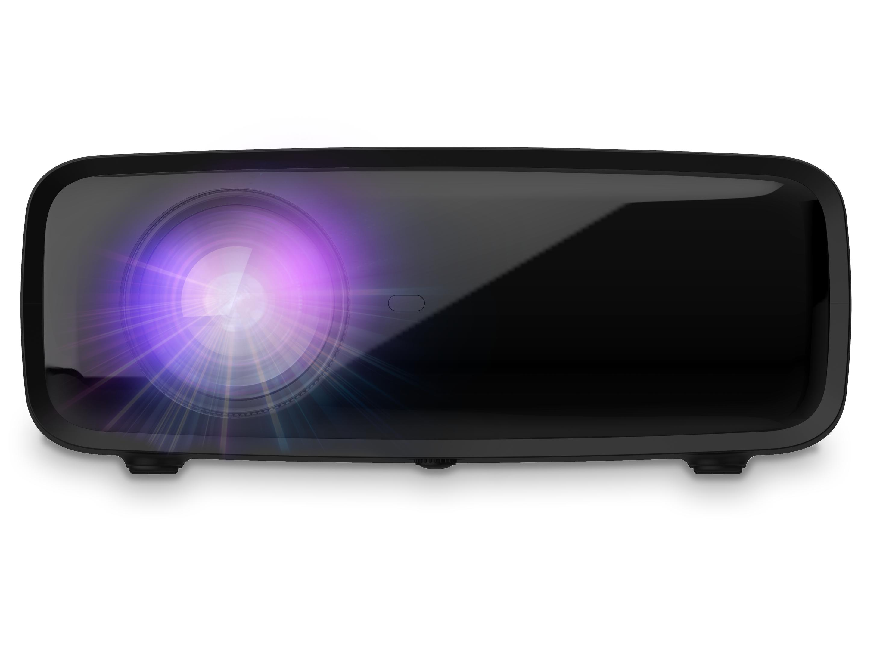 Schwarzer Projektor mit hellem violetten Licht, das aus dem Objektiv scheint.