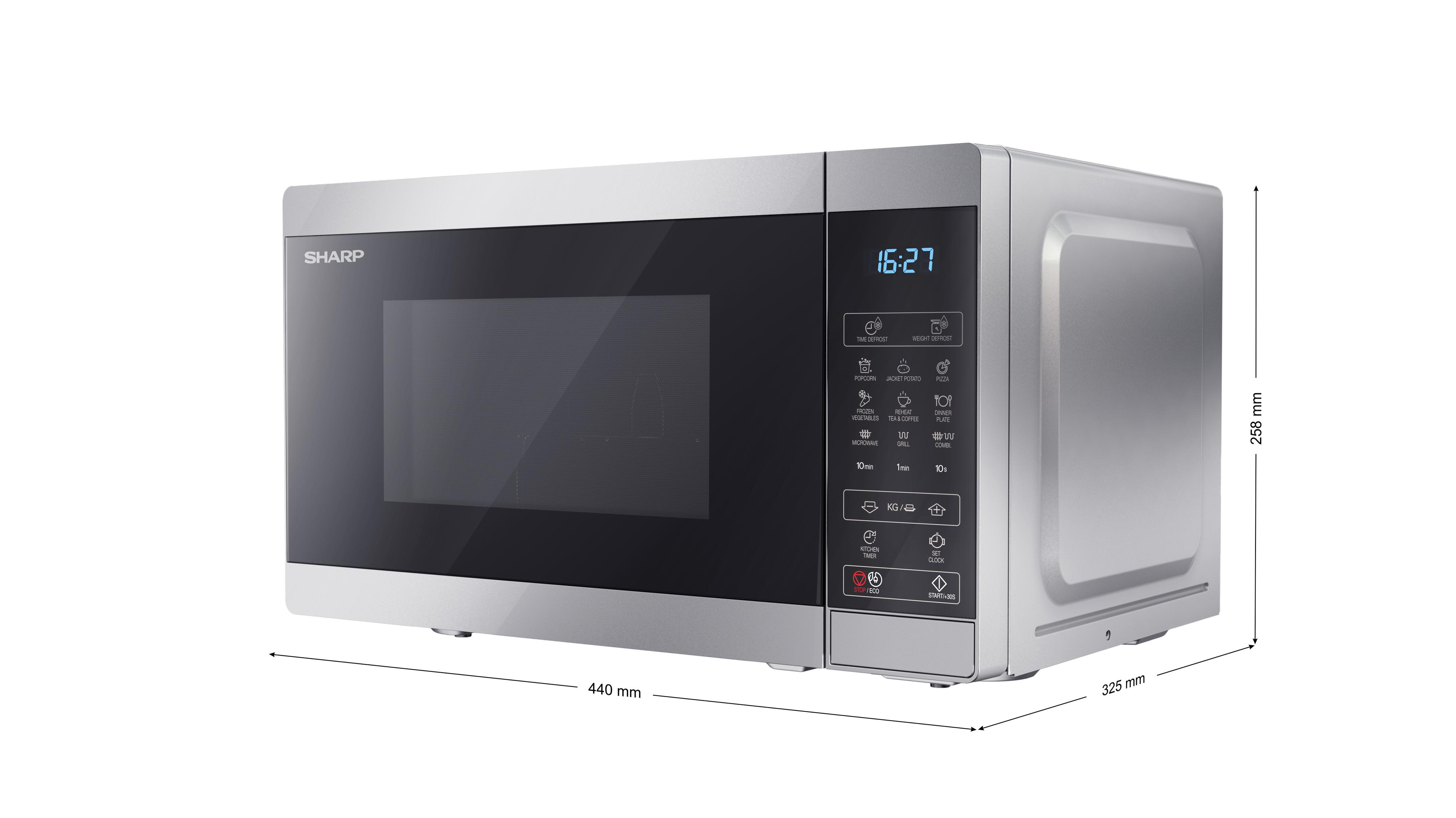 Forno a microonde Sharp argentato con display e pulsanti di controllo. Le dimensioni sono mostrate.