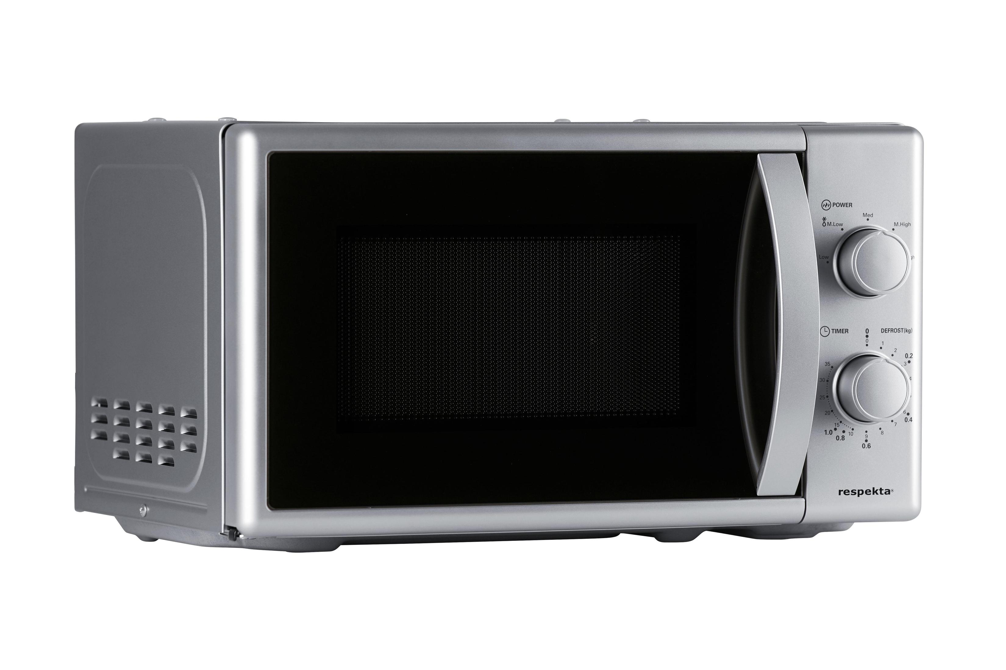 Silver microwave with control knobs and a black interior. White background.