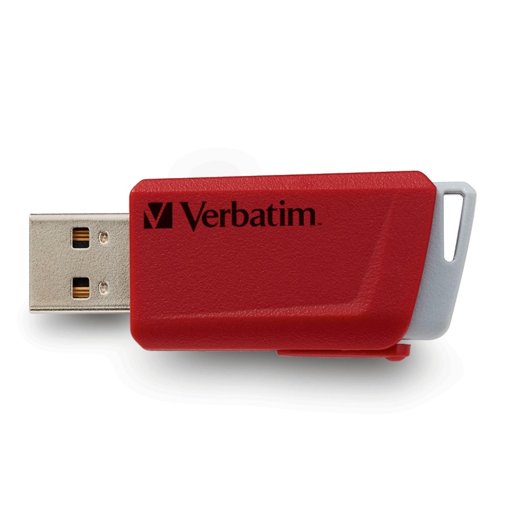 Czerwony pendrive Verbatim. Srebrne złącze USB. Czerwona obudowa z szarym suwakiem. Widoczne logo Verbatim.