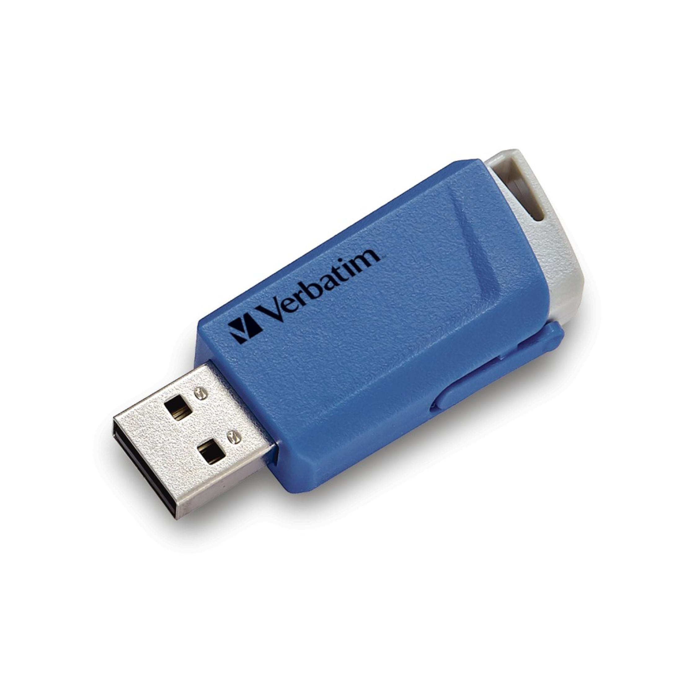 Niebiesko-biały pendrive USB Verbatim. Srebrne złącze USB. Nazwa marki Verbatim jest na nim napisana.