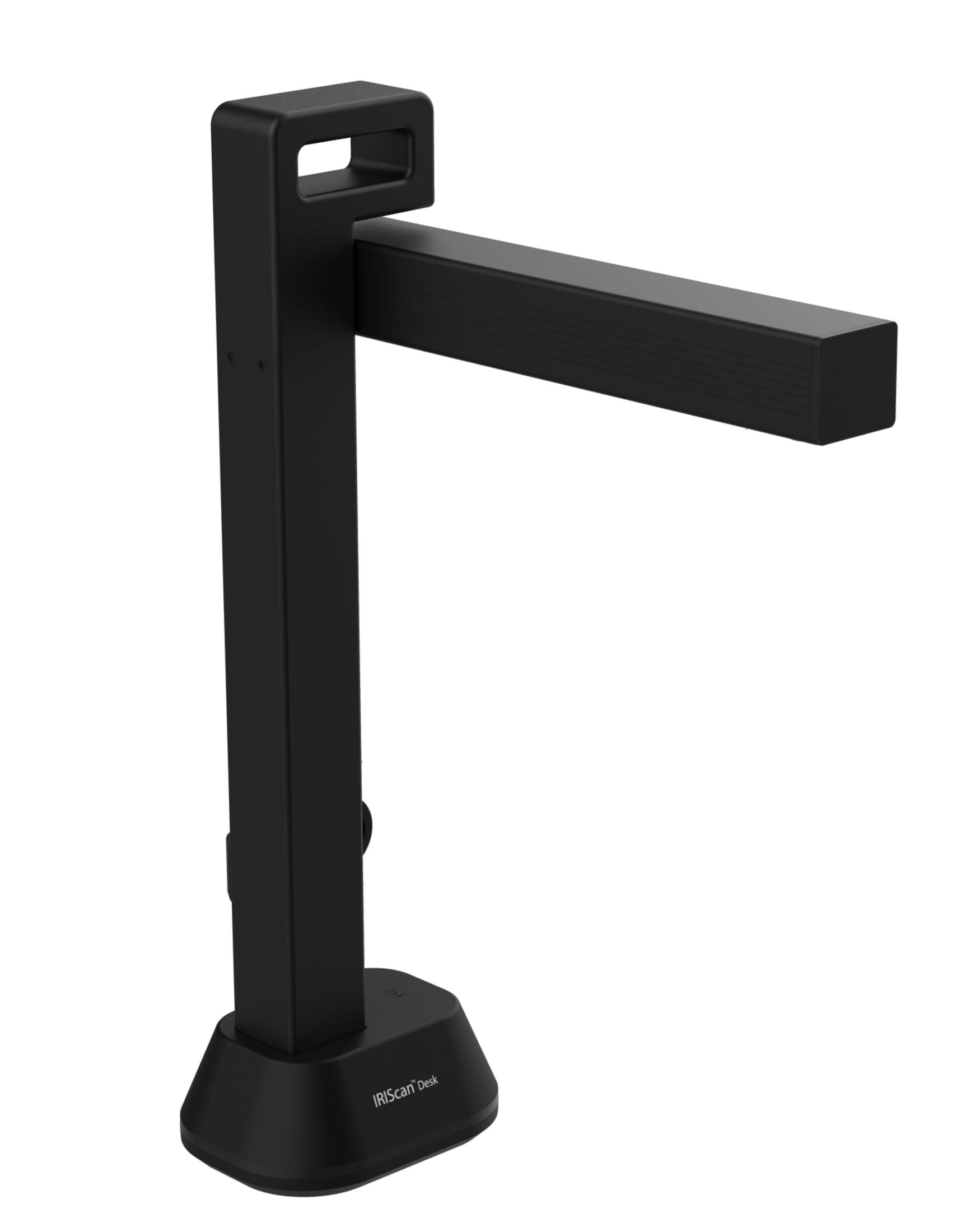 Czarny skaner górny. Prostokątna głowica, wysoka podstawa, z etykietą IRIScan Desk.
