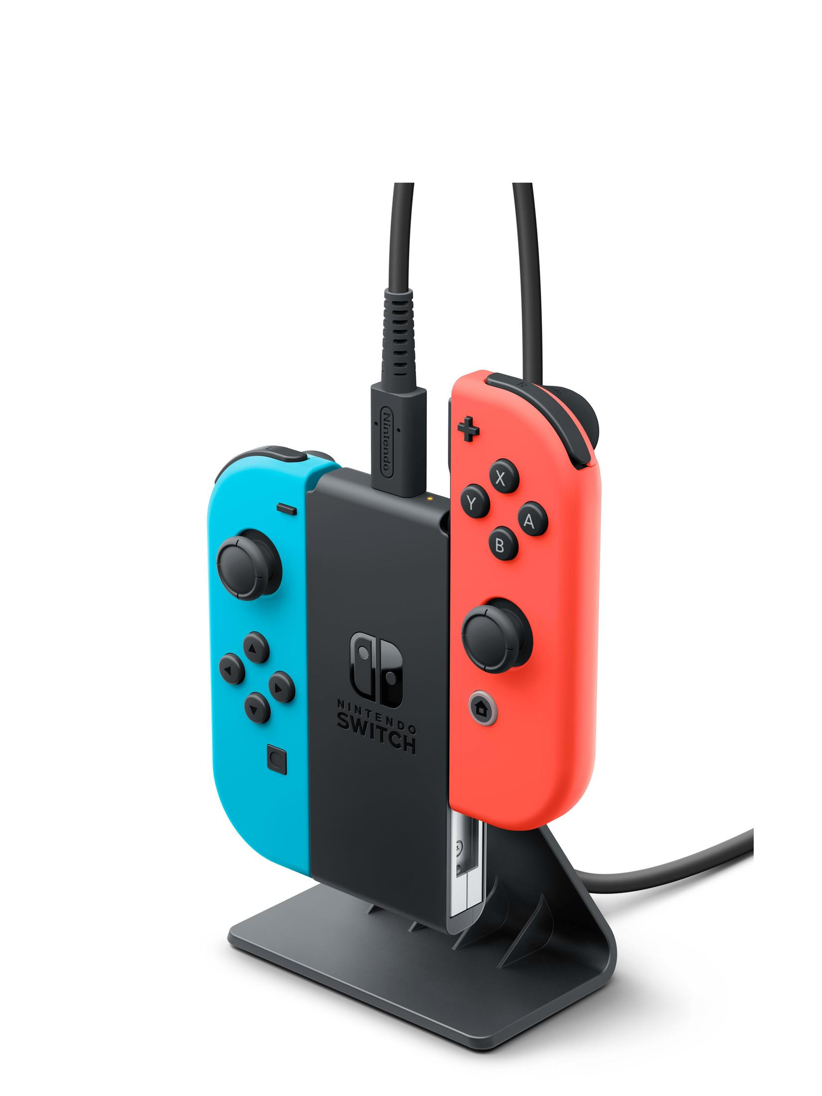 Dock di ricarica Nintendo Switch con due Joy-Con. Rosso e blu.
