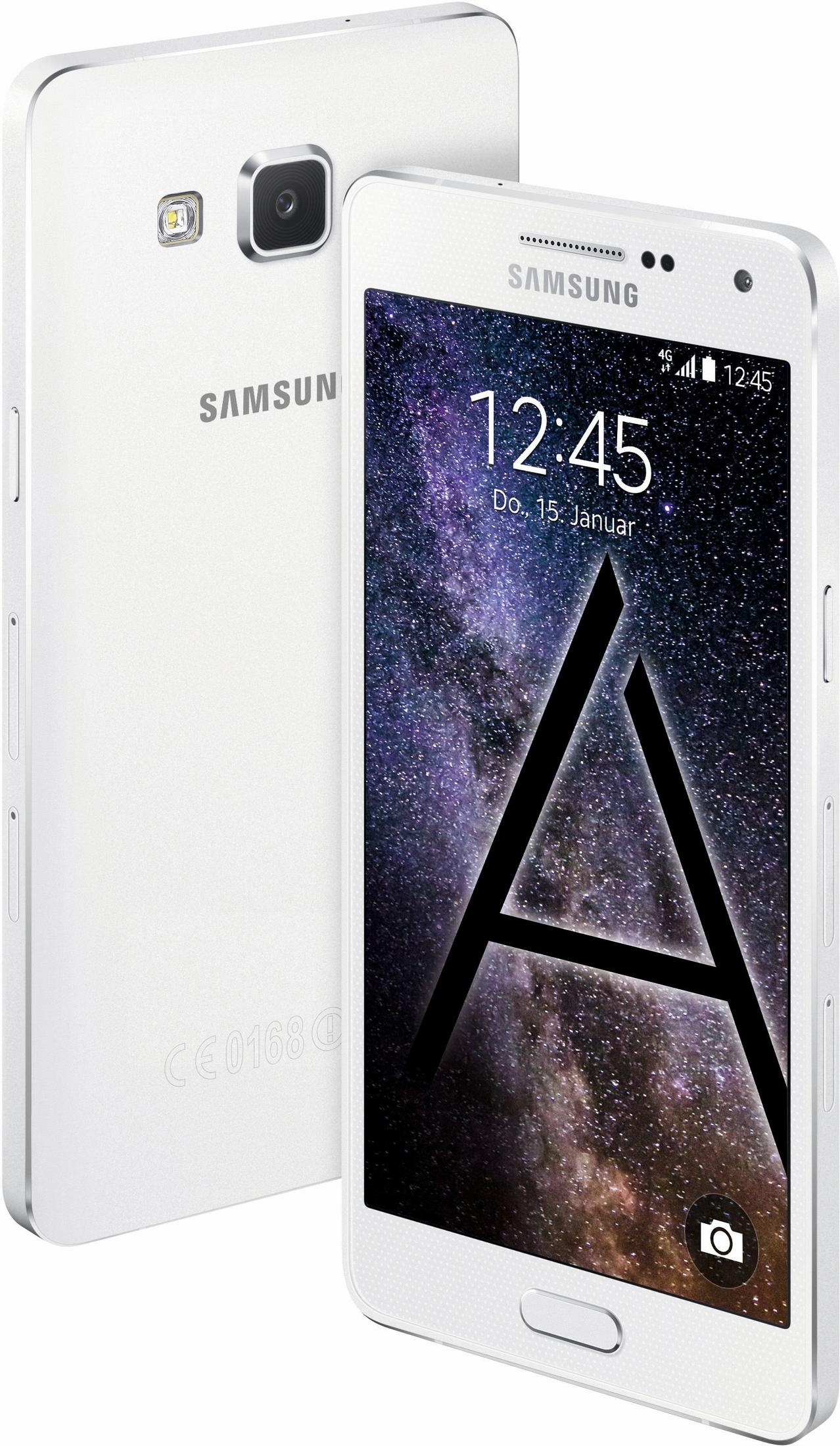 Weißes Samsung-Smartphone, Rückseite und Vorderseite sichtbar. Der Bildschirm zeigt die Uhrzeit und den Buchstaben 'A'.