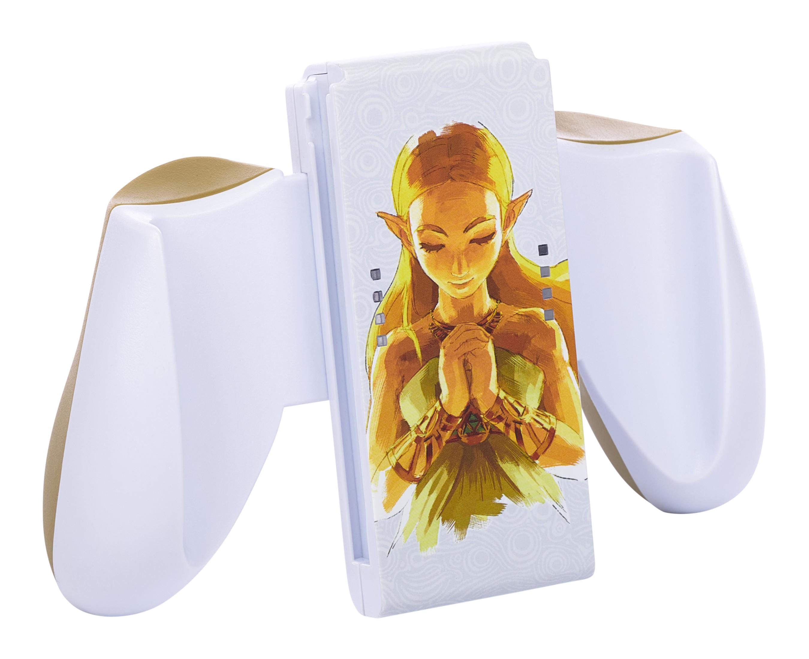 Ein weißer Switch-Controller mit Zelda-Design, isoliert auf weißem Hintergrund.