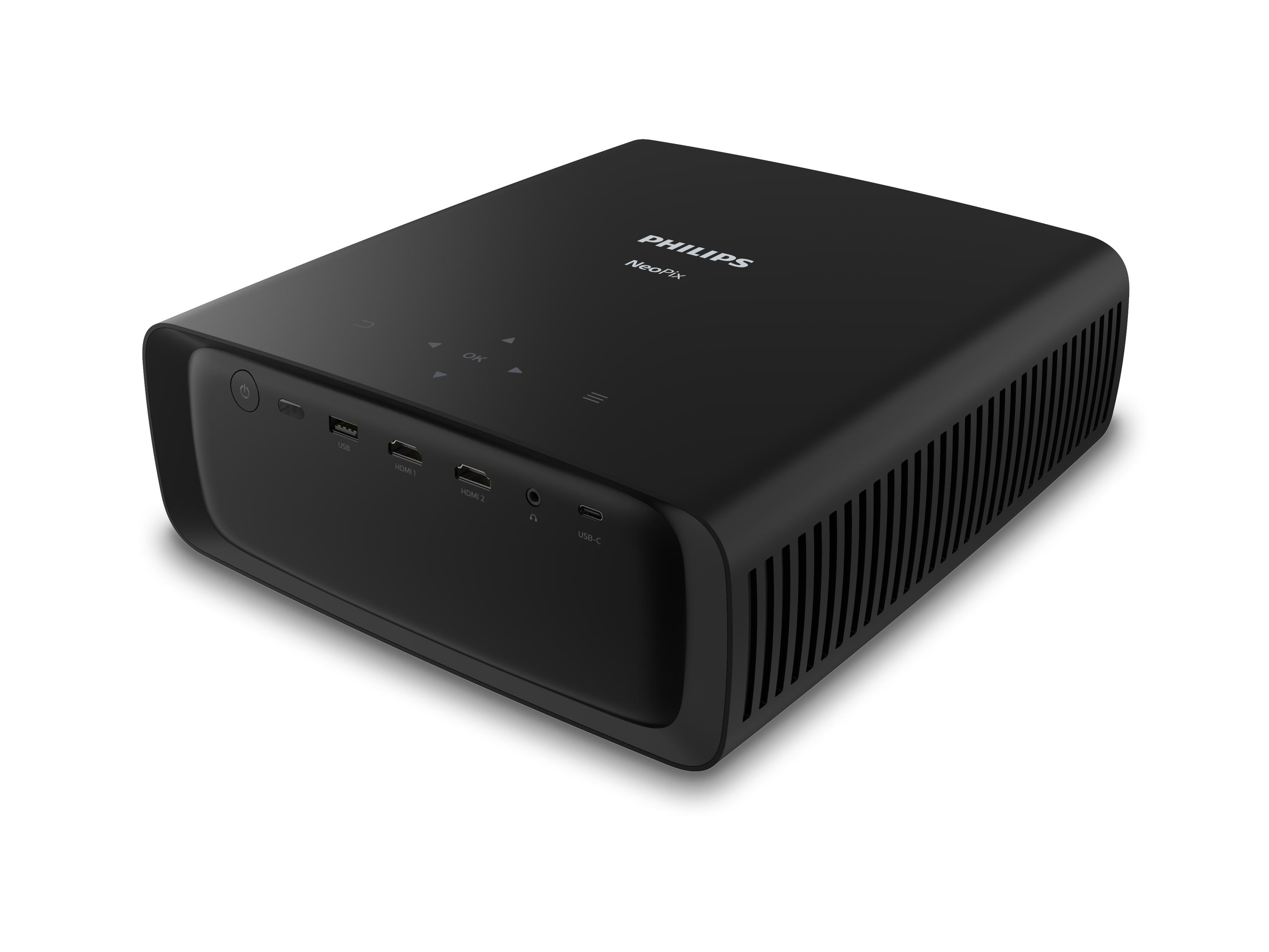 Czarny projektor z wieloma portami z przodu, widok z boku.