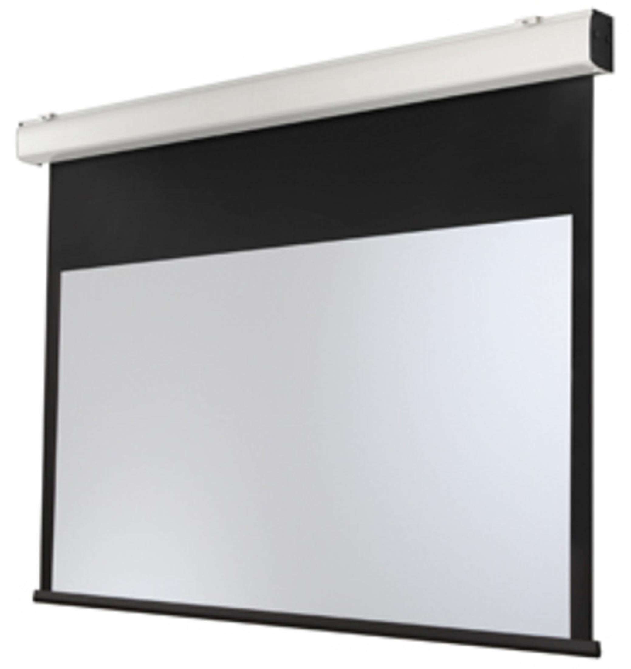 Weiß-schwarze Projektorleinwand, hängend von einem weißen Gehäuse, mit schwarzem Rahmen.