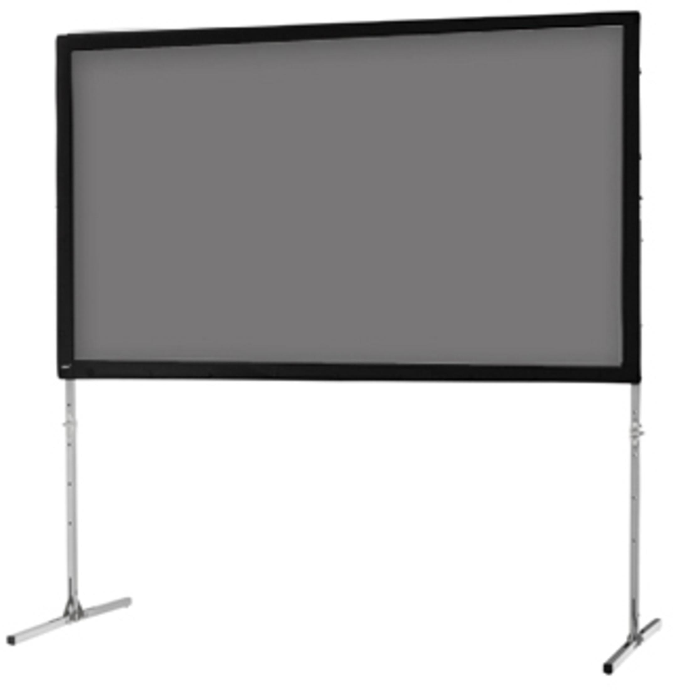 Eine große Projektionsleinwand mit schwarzem Rahmen und zwei Ständern. Der Bildschirm ist grau.