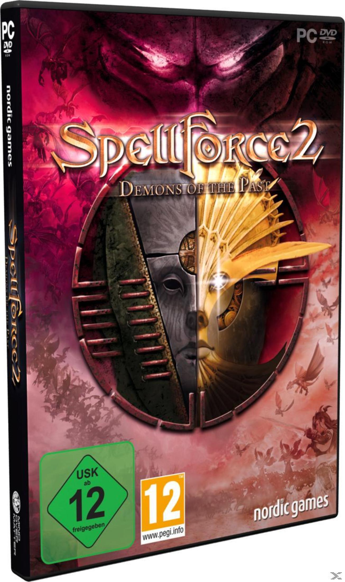 SpellForce 2 Spielebox. Dunkles Design. Spieltitel und Logo in der Mitte. PEGI-Bewertung unten rechts.