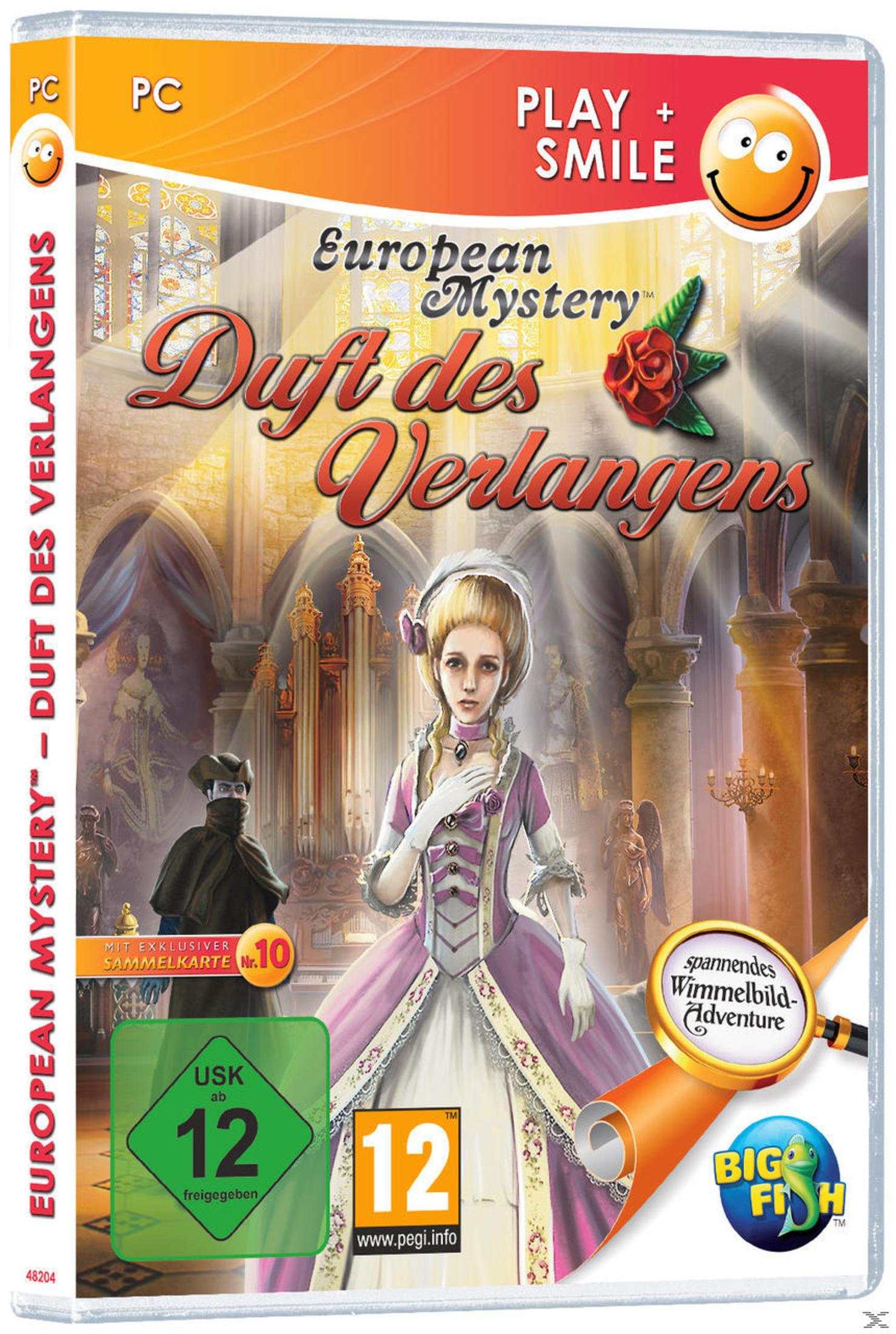 European Mystery Spielbox, mit einer Frau in einem Kleid und einer Kirche im Hintergrund.