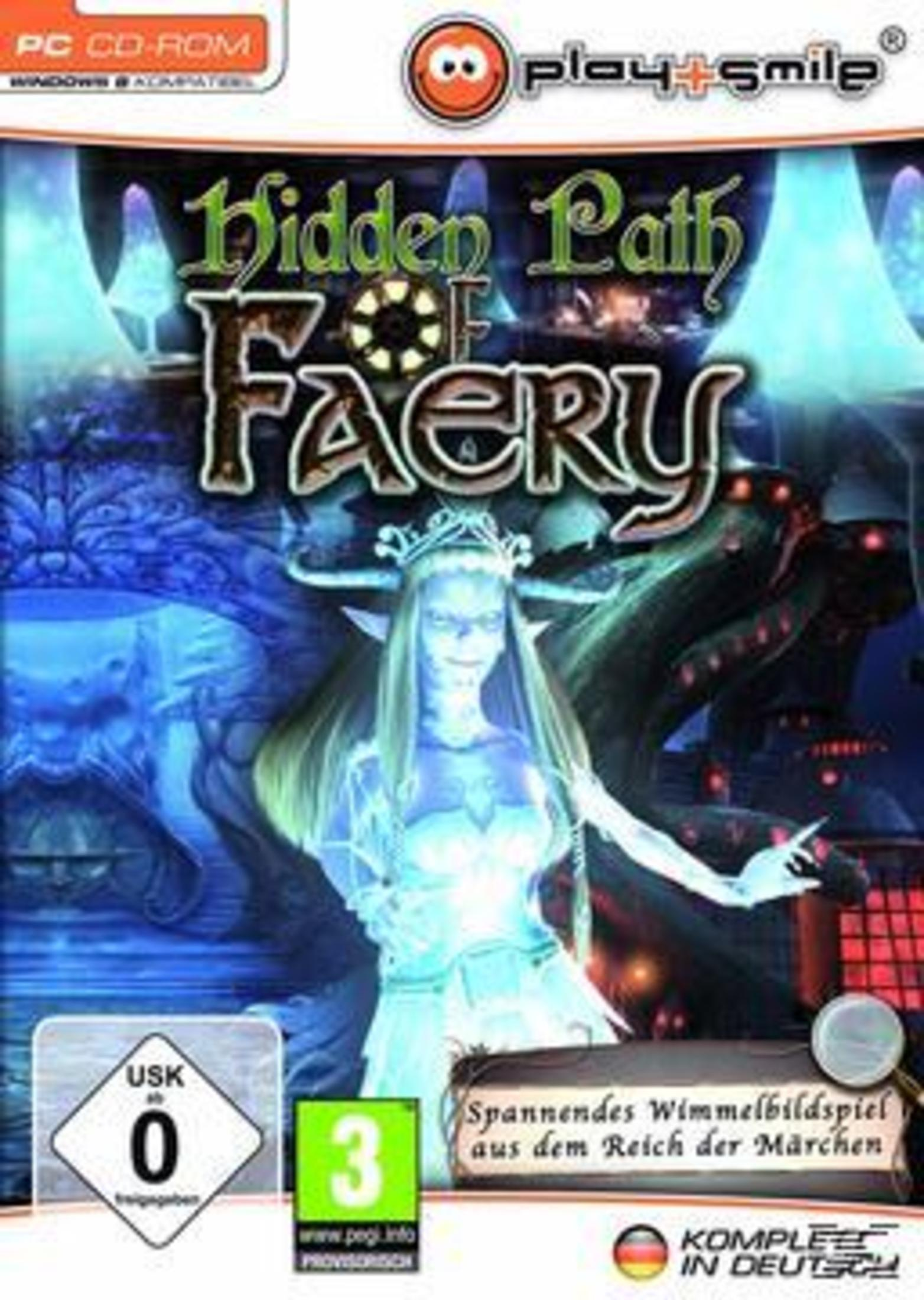 Spiel-Box-Art: eine leuchtende Feenfrau in einer dunklen Waldkulisse. Titel: Hidden Path of Faery.