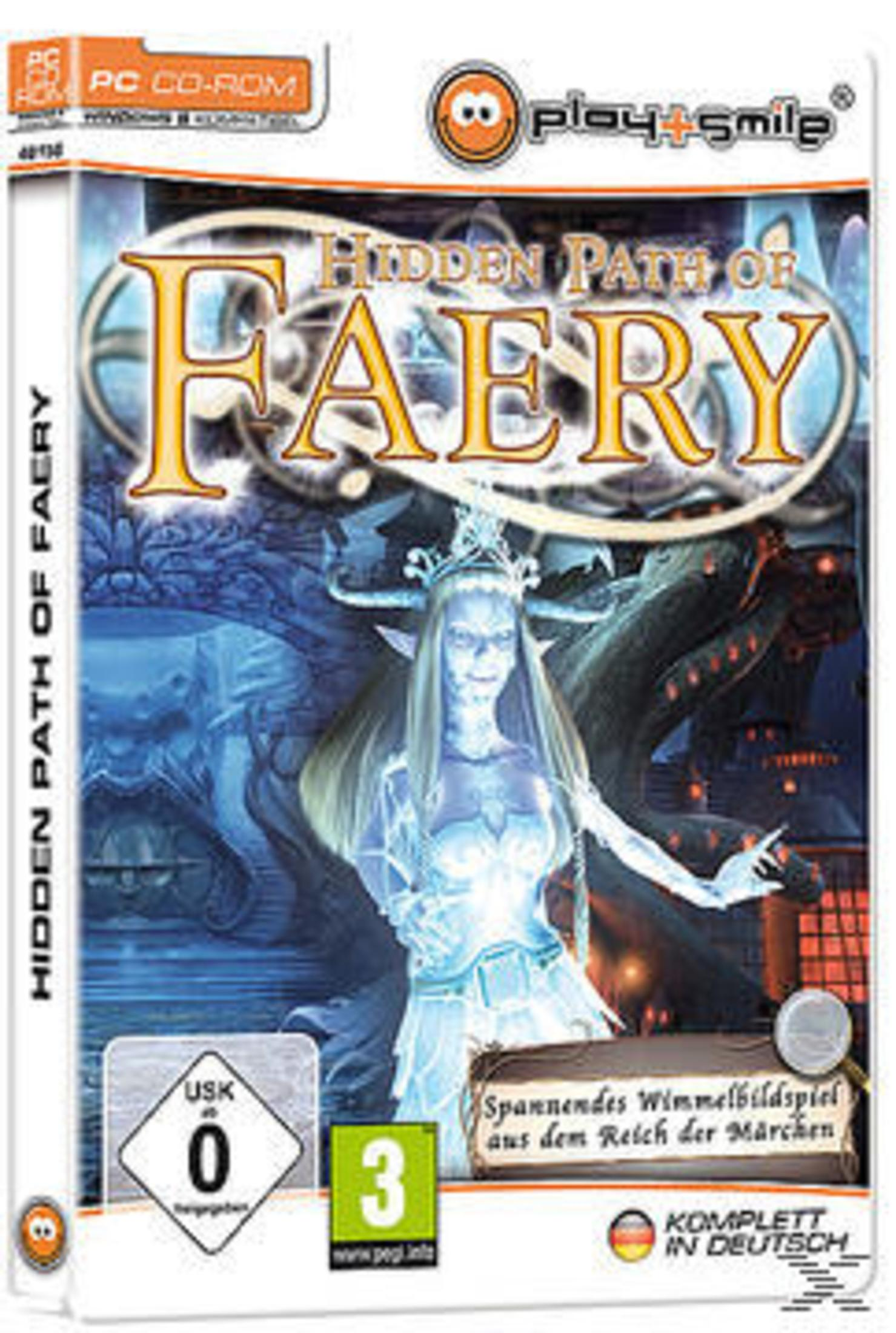 Hidden Path of Faery Spielbox, die eine Fee und eine Waldszene zeigt. Weißer Hintergrund.
