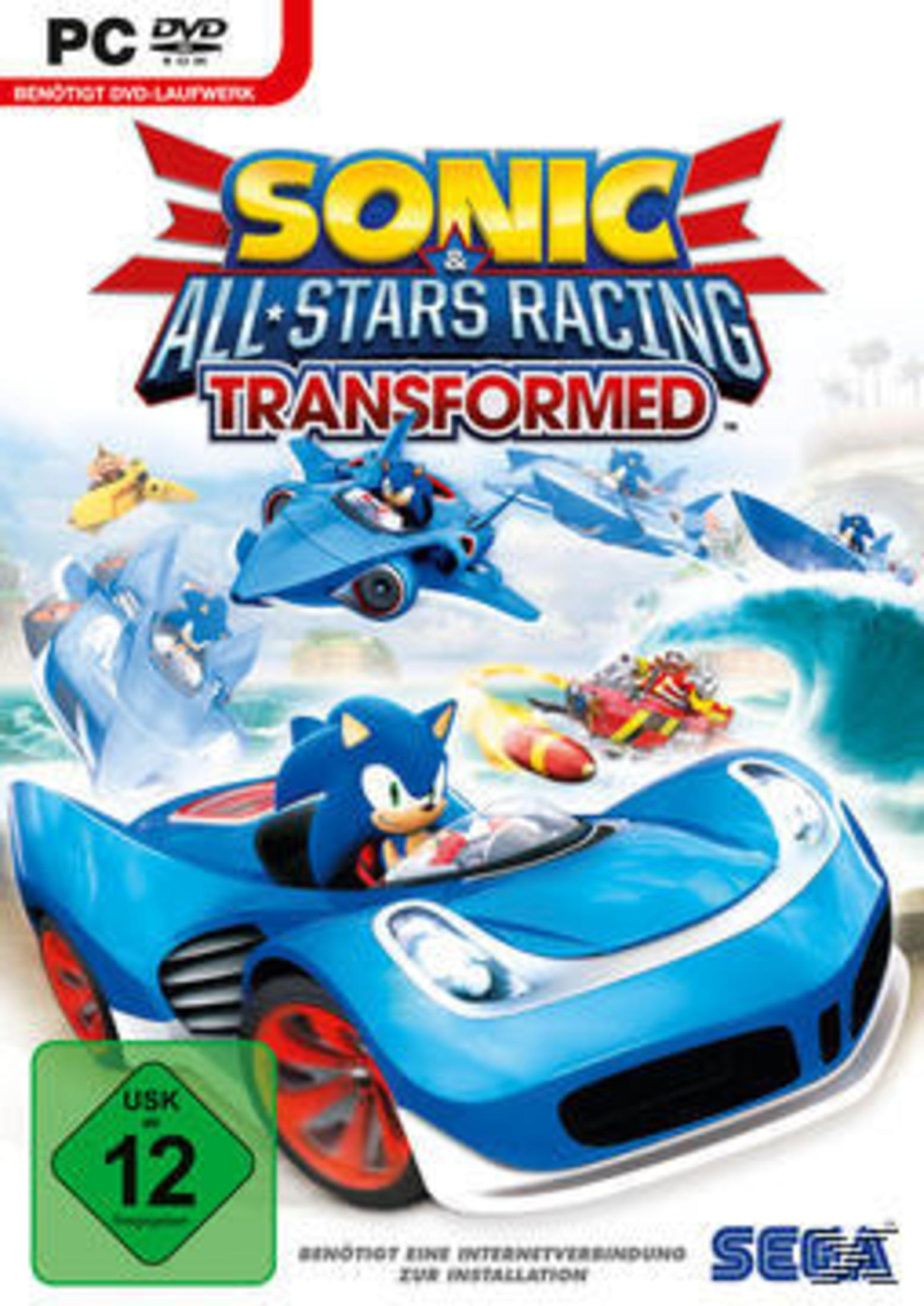 Sonic & All-Stars Racing Transformed Spielbox, mit Sonic und Rennwagen.