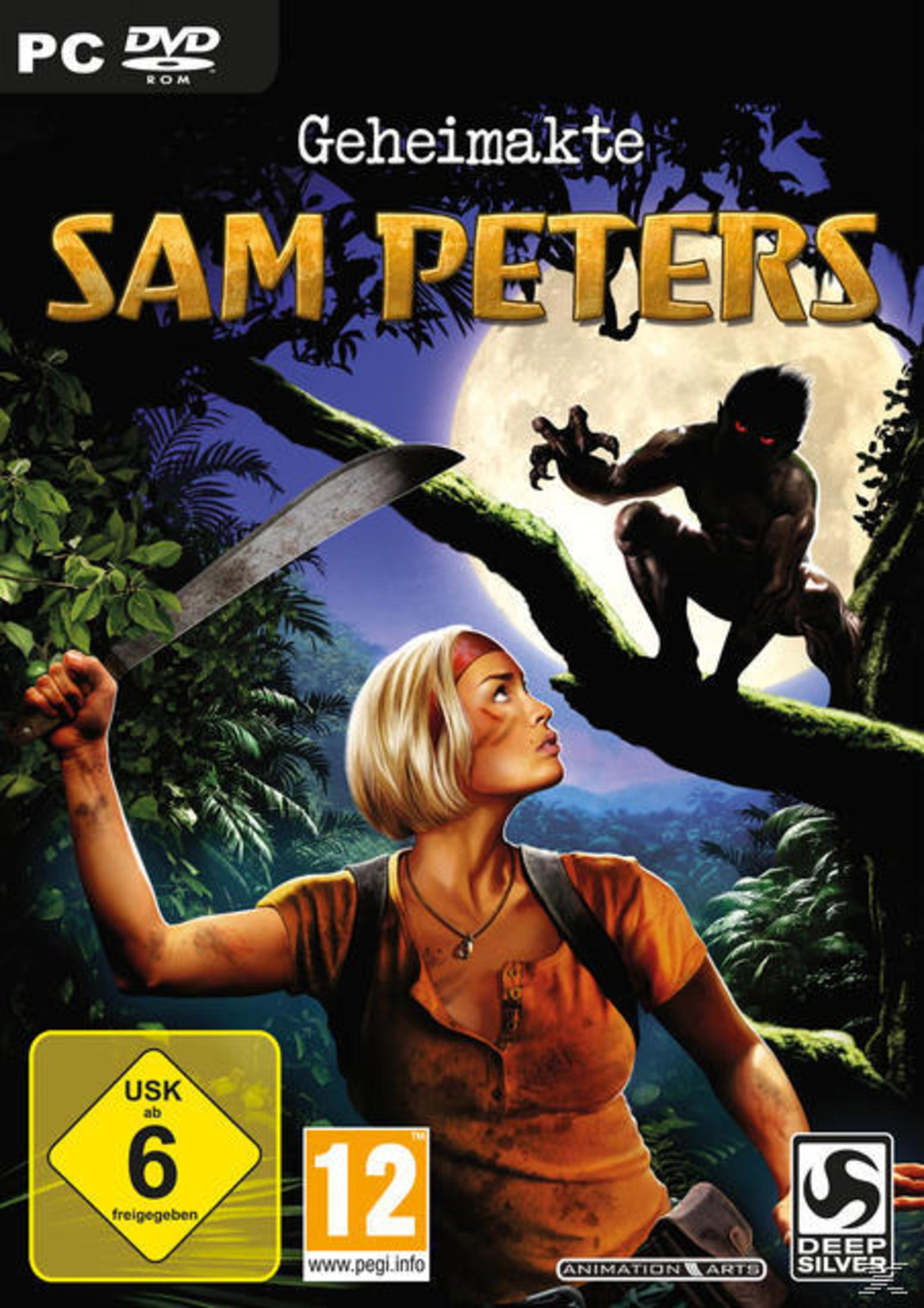 Spielcover mit einer Frau, die nach oben schaut. Ein Monster im Hintergrund. Der Titel lautet 'Geheimakte Sam Peters'.
