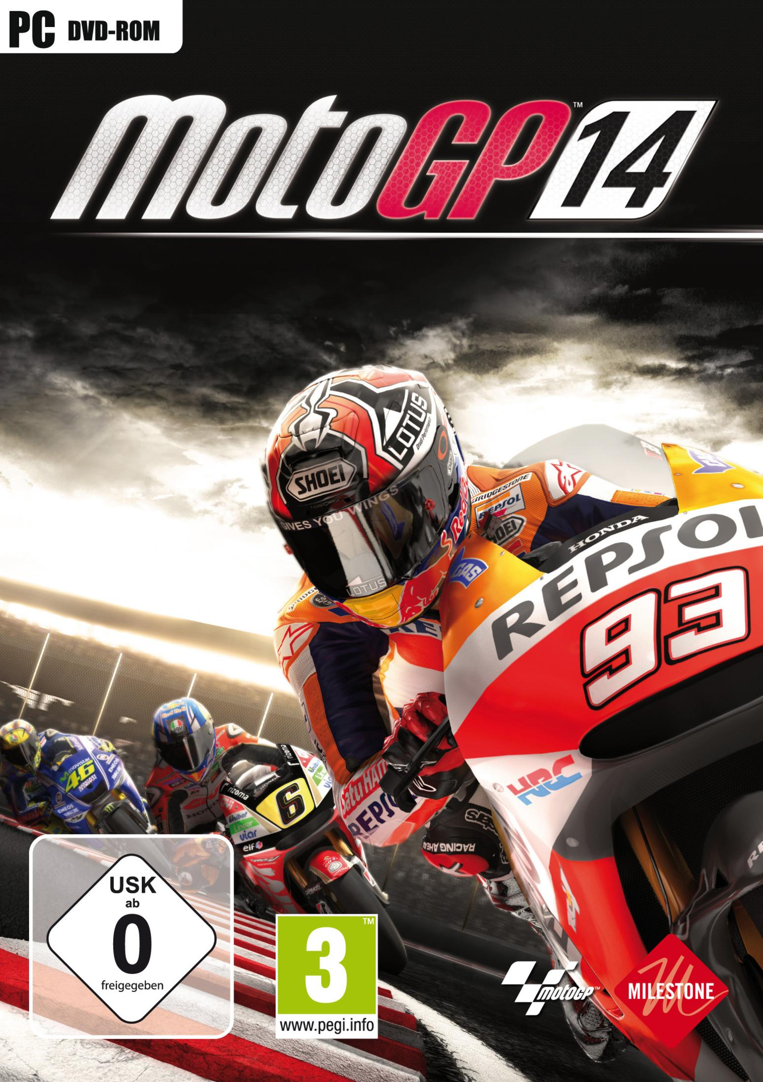 MotoGP 14-Spielcover. Ein Motorradrennfahrer in Aktion. Das Spiel hat eine USK- und PEGI-Bewertung.