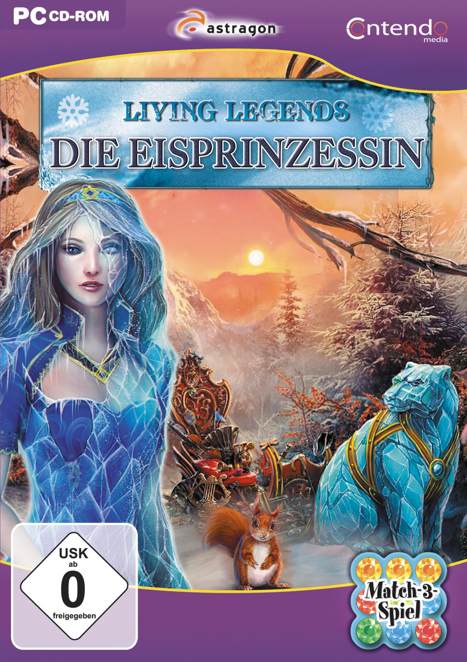 Spiel-Cover: Gefrorene Frau, Eisbär, Eichhörnchen, schneebedeckte Landschaft. Titel: Living Legends Die Eisprinzessin.