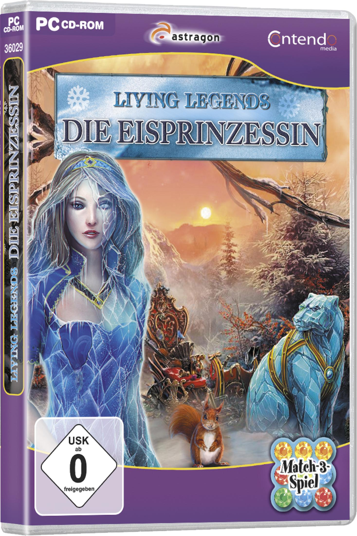 Spielbox: Living Legends, eine Frau mit Eis, eine Kutsche, ein Bär. Winterszene.