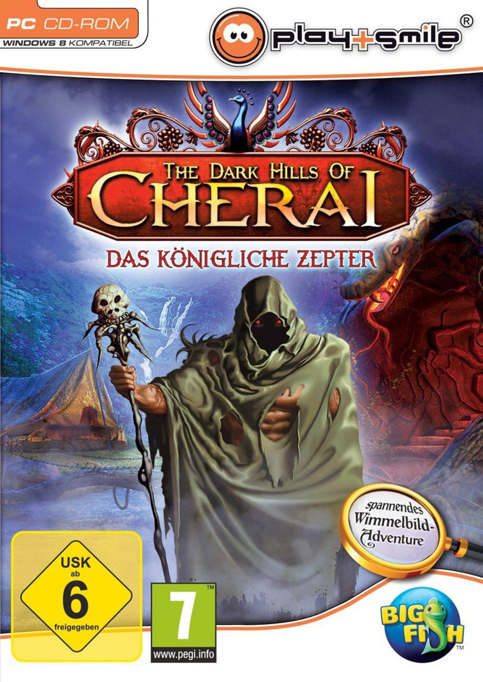 Das Dark Hills of Cherai-Spielcover mit einer Kapuzenfigur, einem Totenkopfstab und einer Burg.