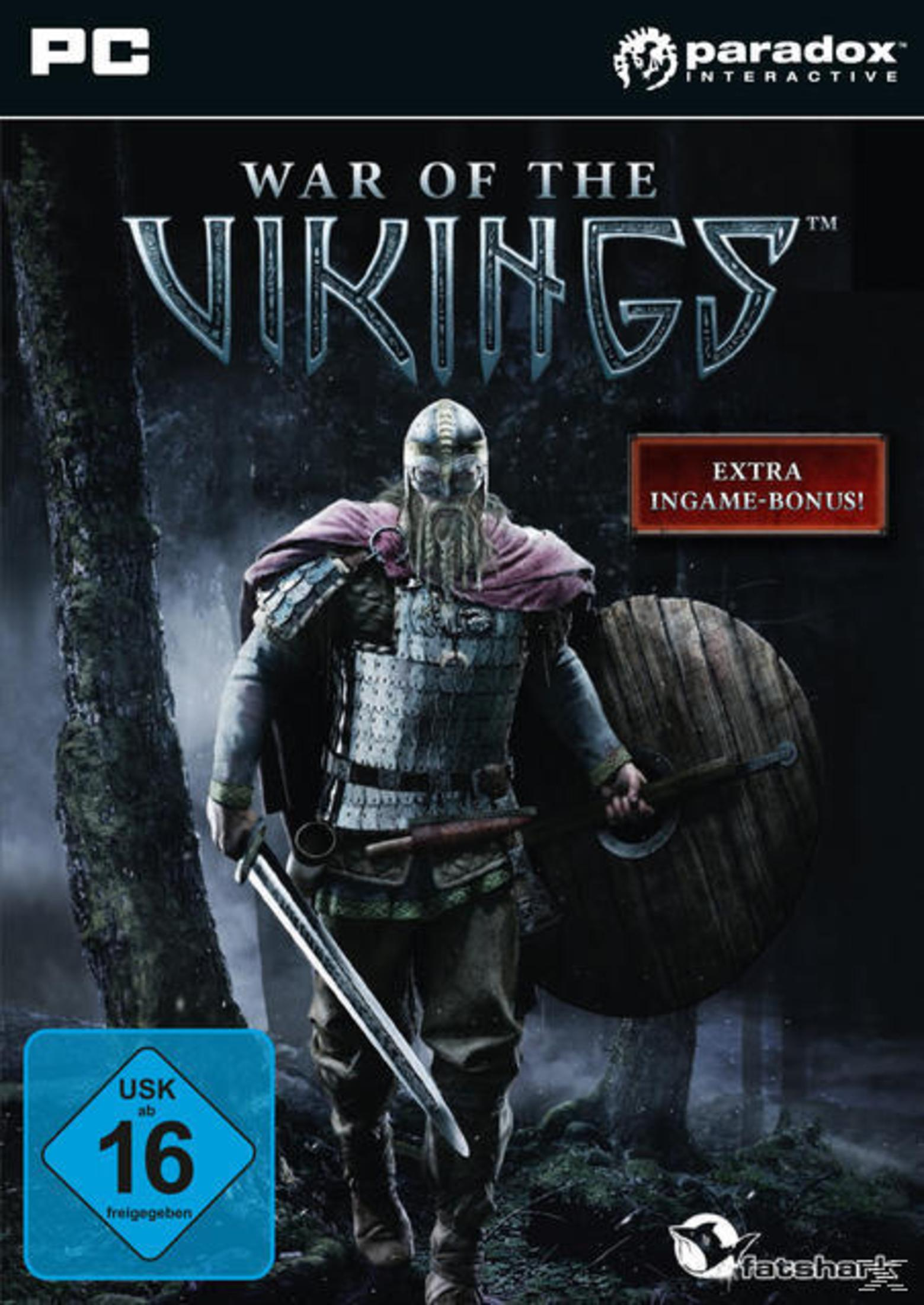 Spielcover von 'War of the Vikings'. Ein Wikingerkrieger mit Schwert und Schild, dunkler Hintergrund.