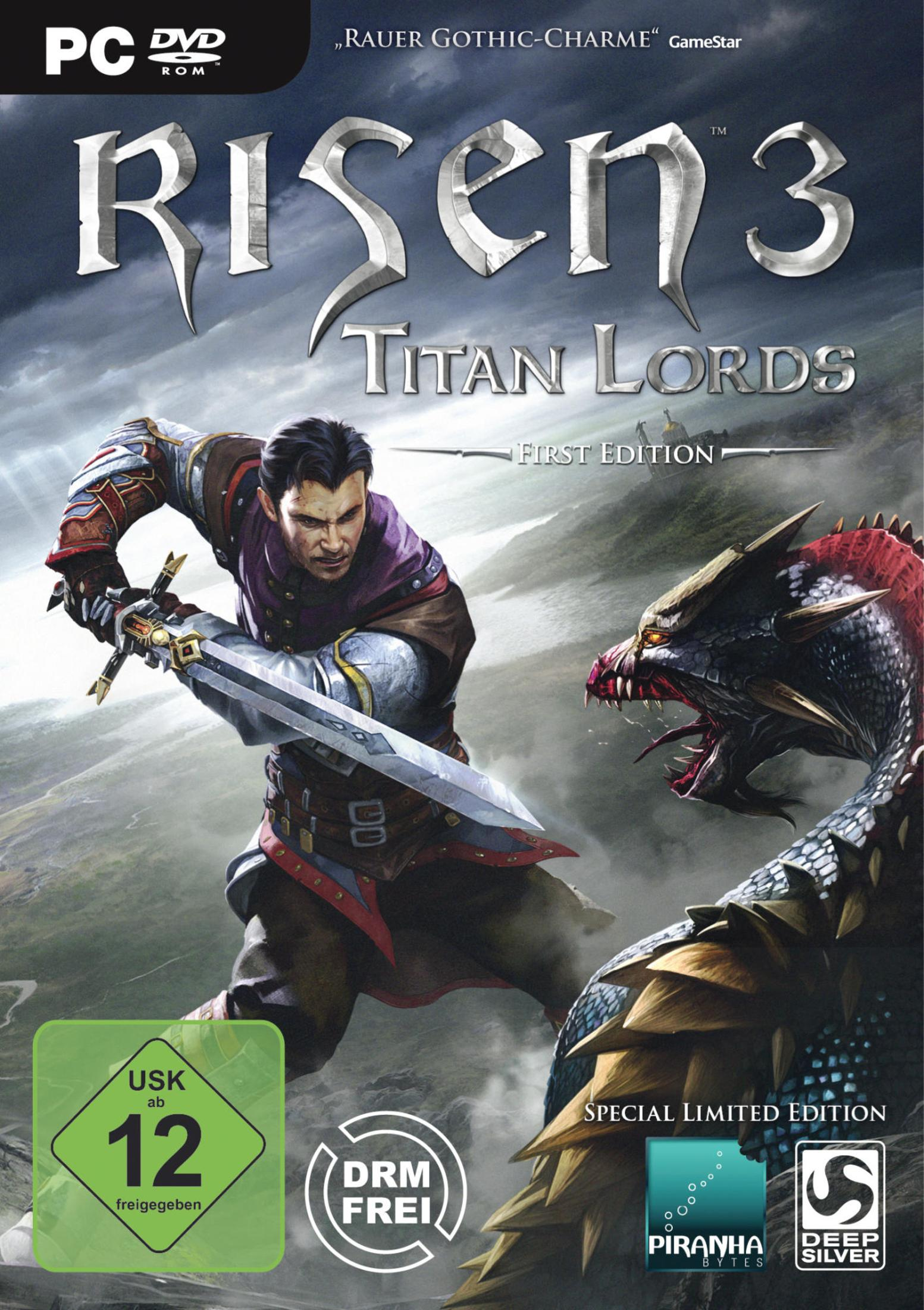 Risen 3: Titan Lords Spielcover. Mann mit Schwert, Drache. First Edition Label.