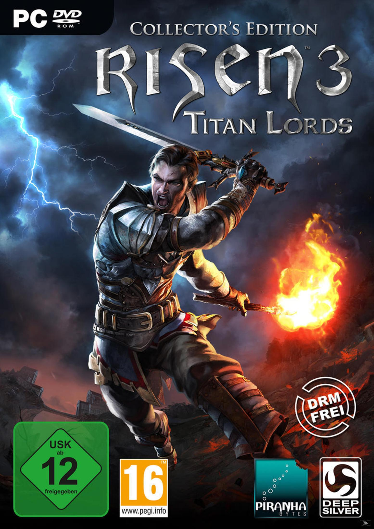 Spielbox-Art für Risen 3: Titan Lords. Ein Mann in Rüstung hält ein Schwert und eine Fackel. Blitze zucken.