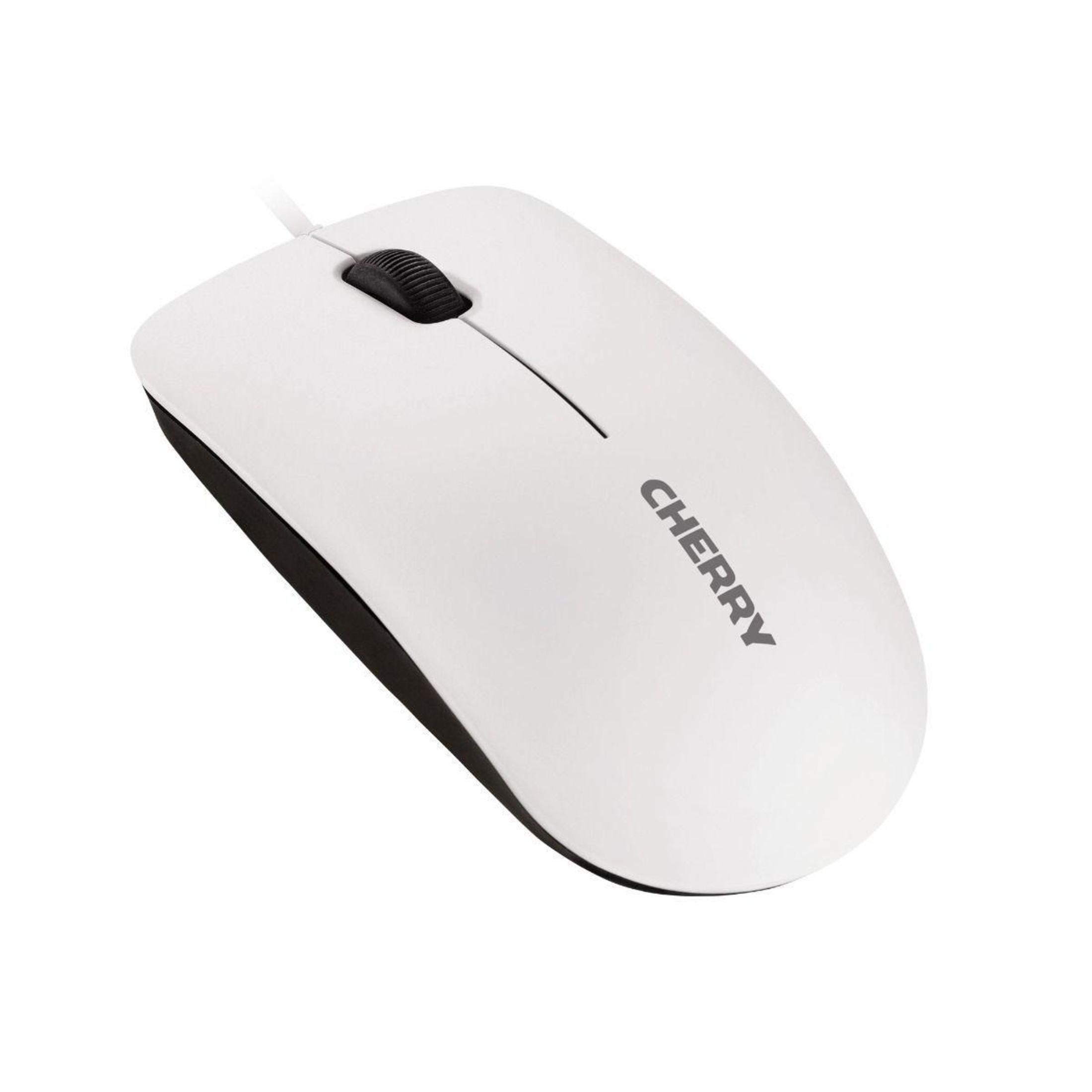 Eine weiße Cherry-Maus mit schwarzem Scrollrad und Cherry-Logo.