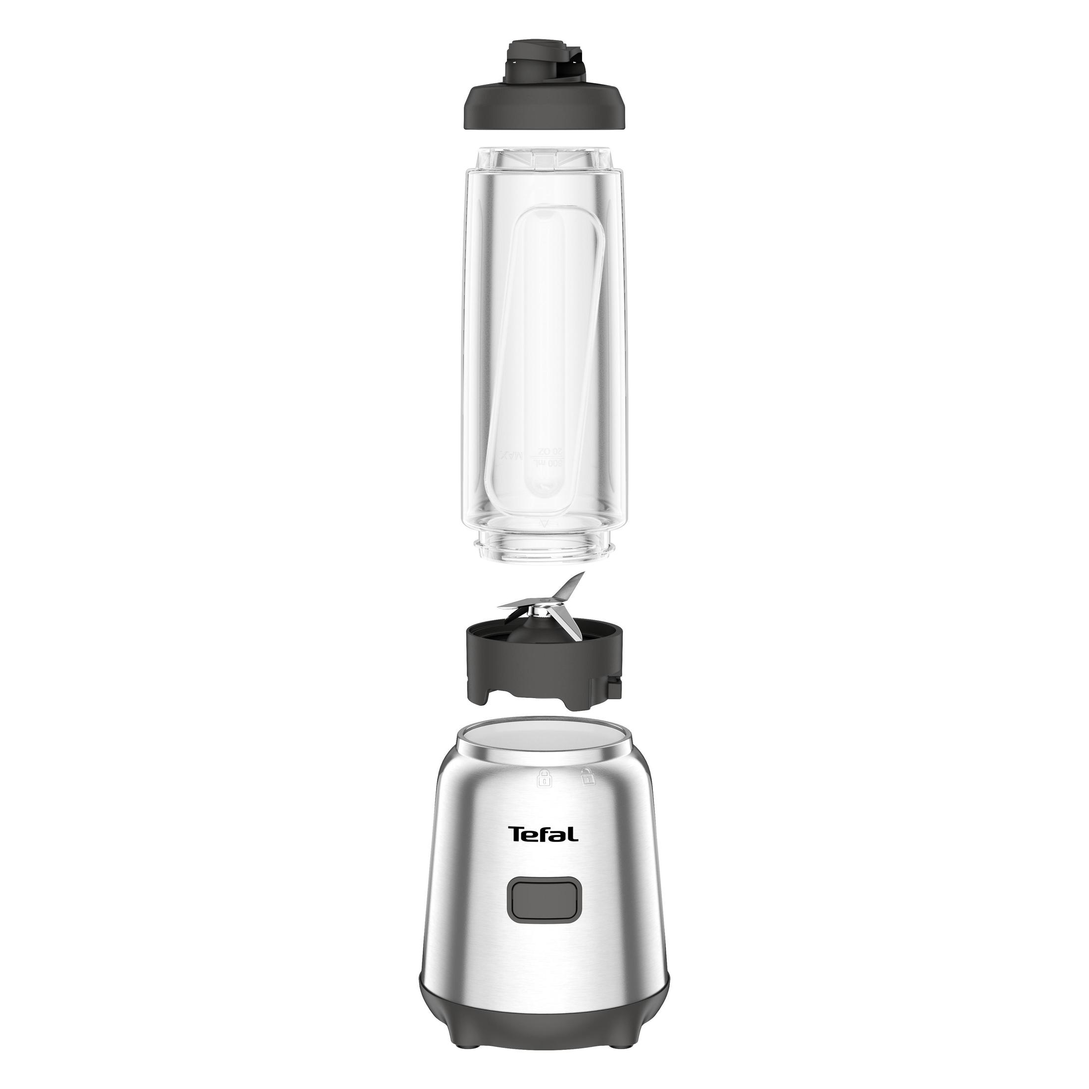 Frullatore Tefal a pezzi su bianco. Include un contenitore di vetro, la sezione delle lame e la base del motore.