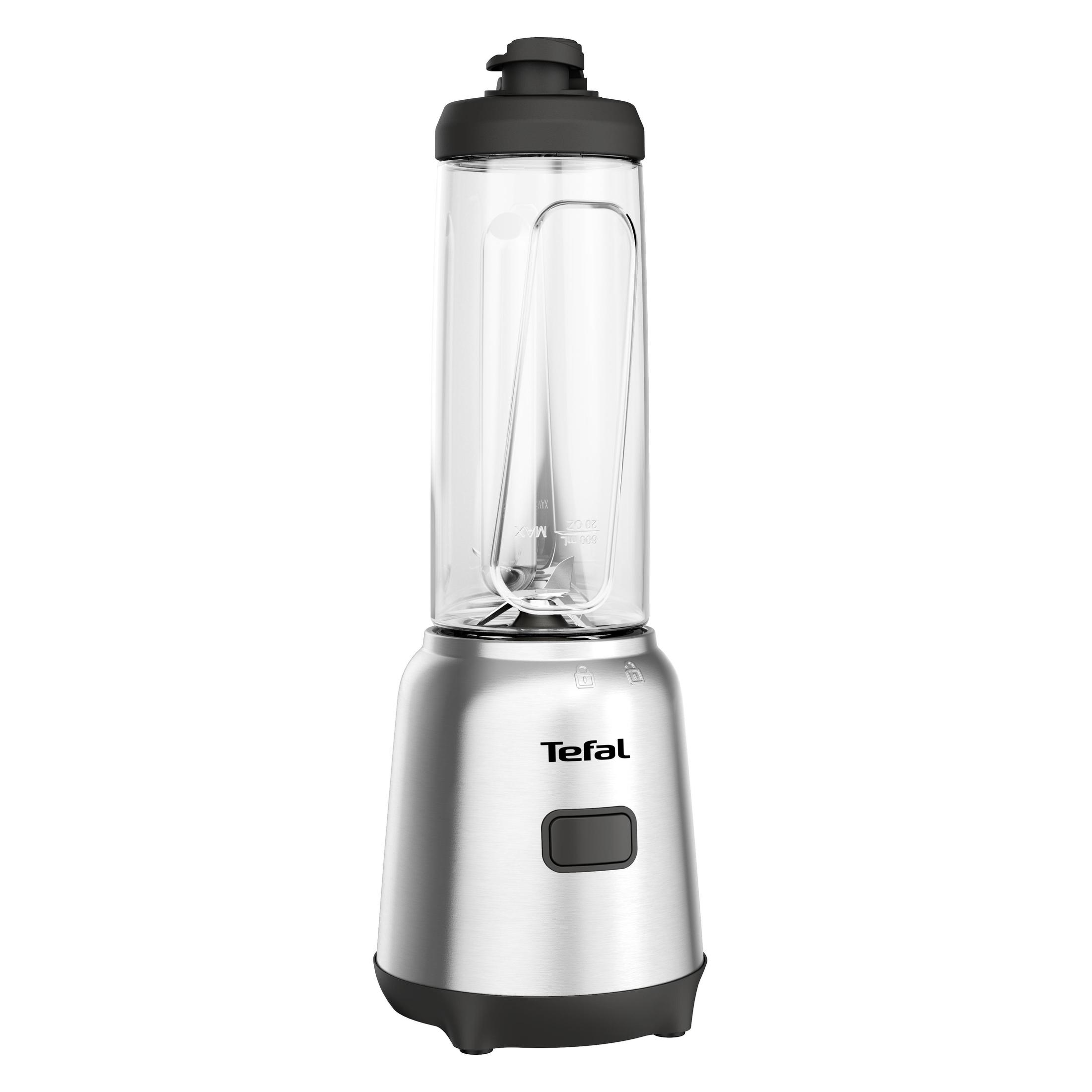 Un frullatore Tefal è in piedi. È di colore argento con un contenitore trasparente e un coperchio nero.