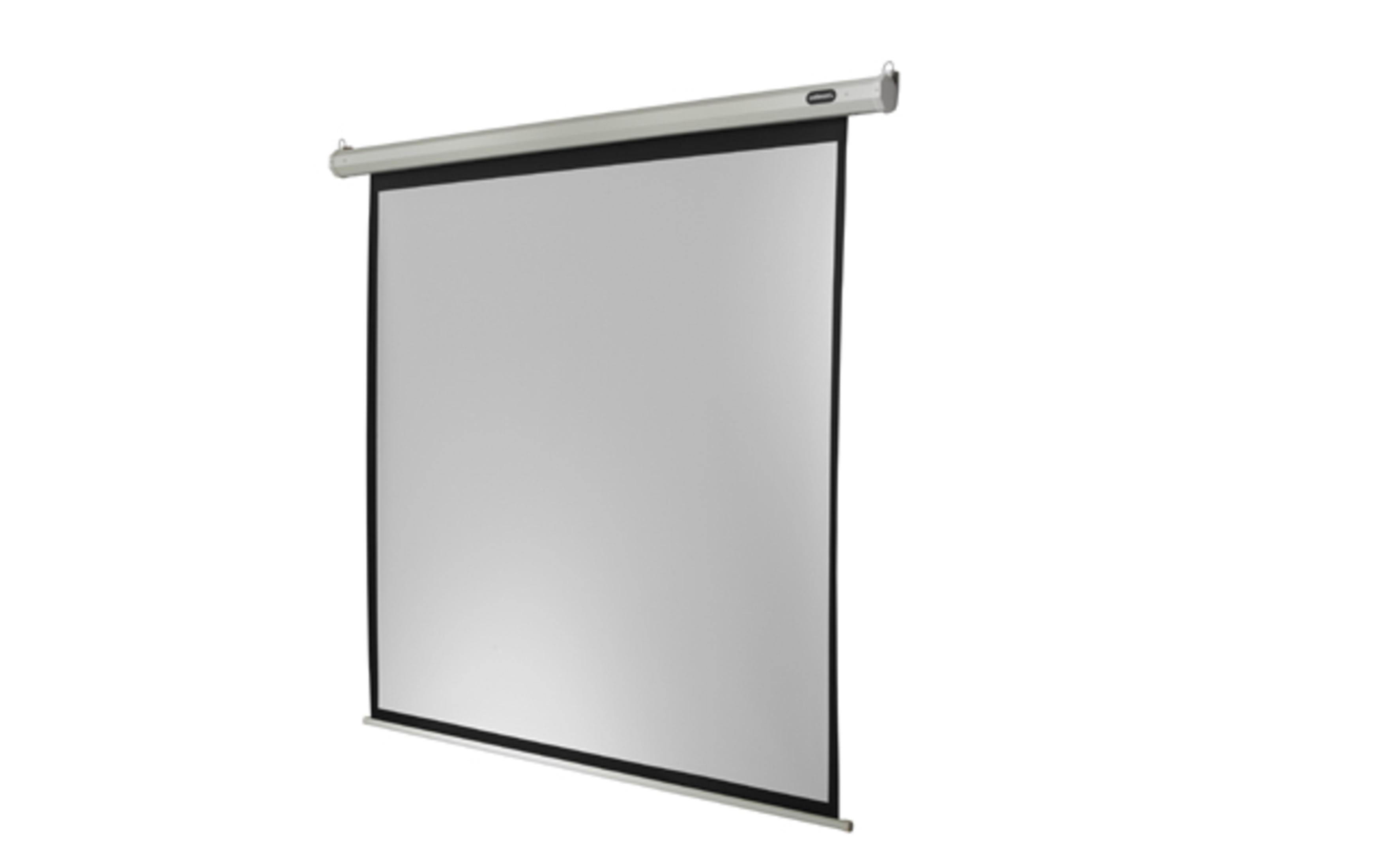 Weiße Projektorleinwand, herunterhängend, mit schwarzem Rand.