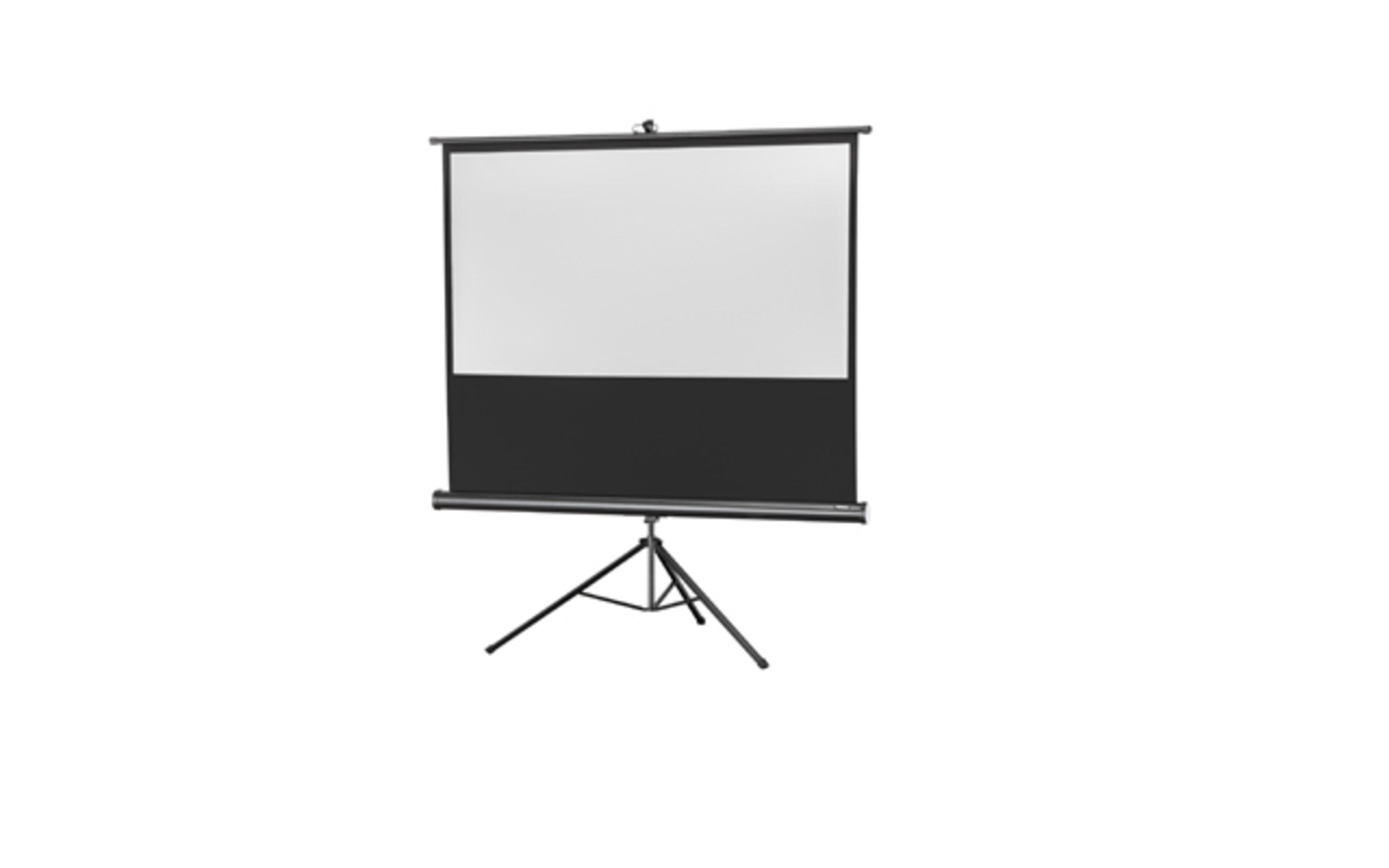 Weiße Projektionsleinwand auf einem Stativ. Leinwand ist vollständig ausgefahren und hat einen schwarzen Rand.